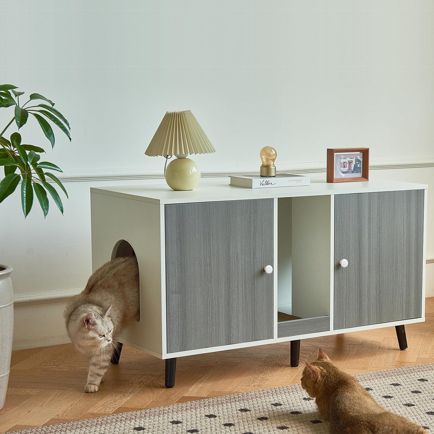 Cat Litter Box Enclosure for 2 Cats, Hideaway Litter Box Furniture with Scratching Pad, Enclosed Litter Box TV Stand Pet Washroom End Table Side Table, Grey
