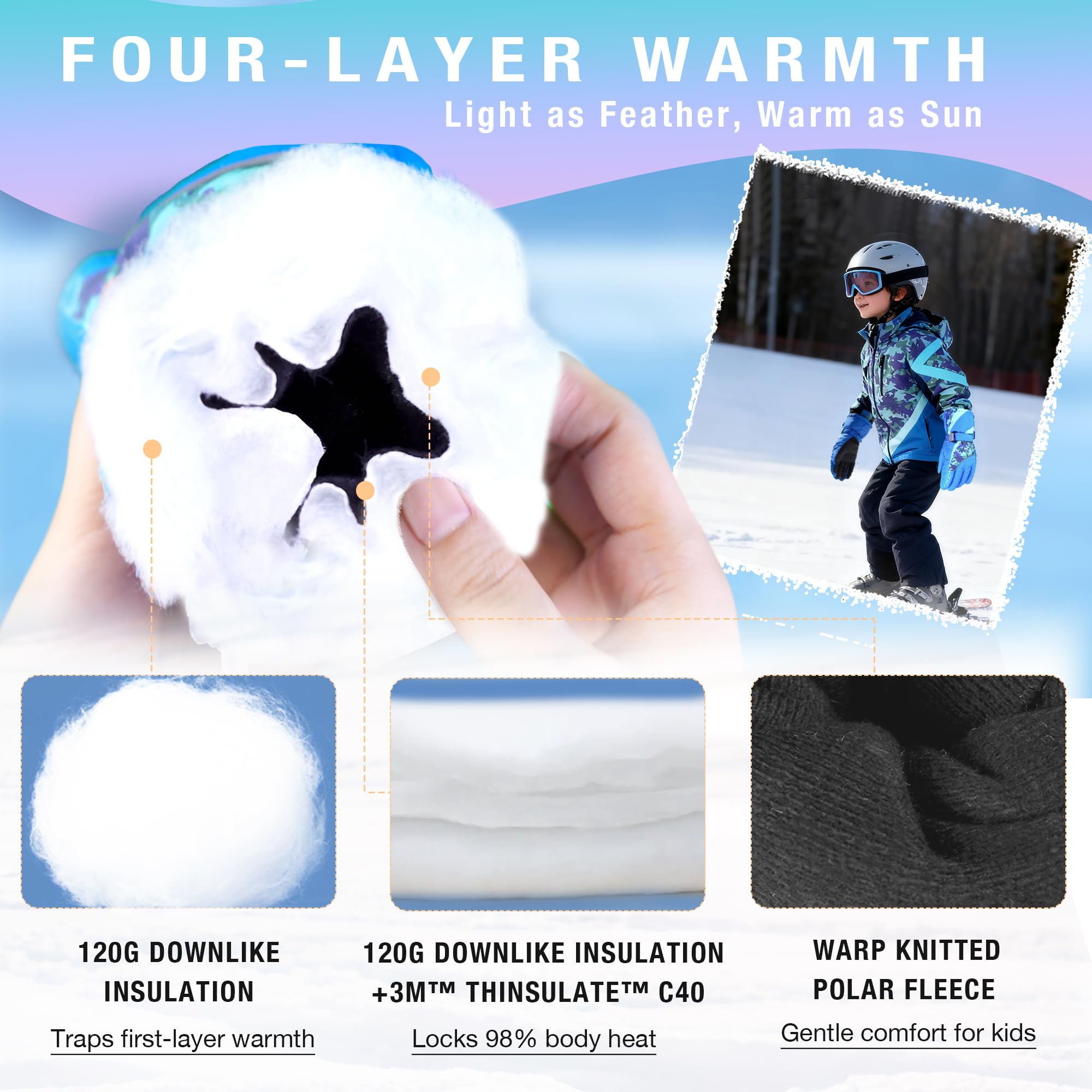 Origem Guanti Neve Invernali Bambino Bambina, 3M Thinsulate Impermeabili Guanti Sci Termici con Touchscreen a 5 Dita Riflettenti Antiscivolo per Bambini 4-14 anni Snowboard Sciare Calcio Bici