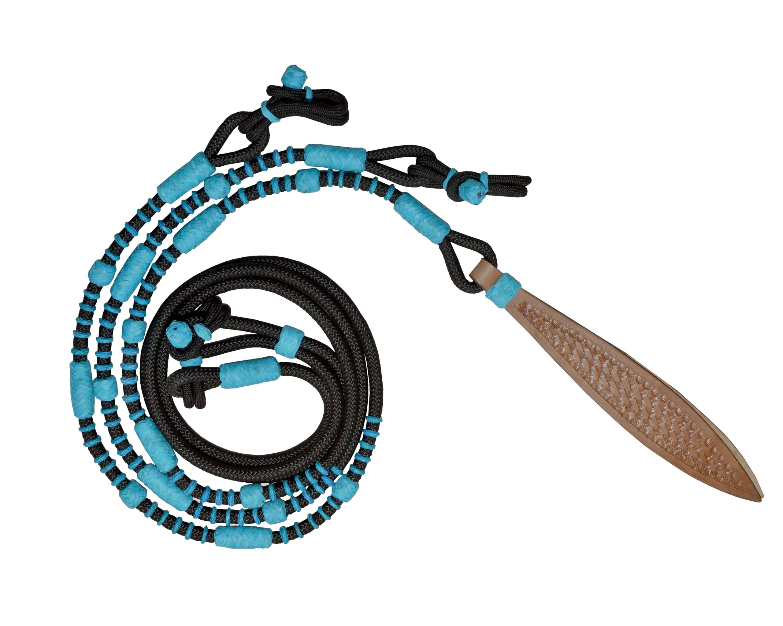 WeavingCraft Hand-Braided Nylon Rope Romal Reins -Turquoise Knots and Raw Hide Leather - Exquisitely Crafted Horse Tack (Black)