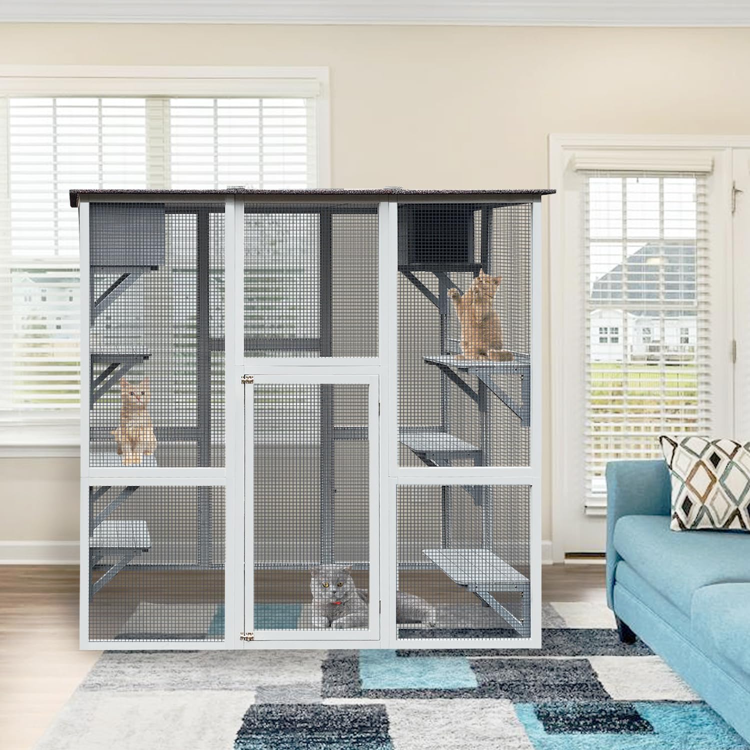 KELRIA 71 Inch Wooden Catio Outdoor Cat Enclosure, Large Cat House with 8 Jumping Platforms, 2 Napping Houses & Weatherproof Asphalt Roof, Walk-in Kitty Condo Shelter Playpen for Multiple Pets, White