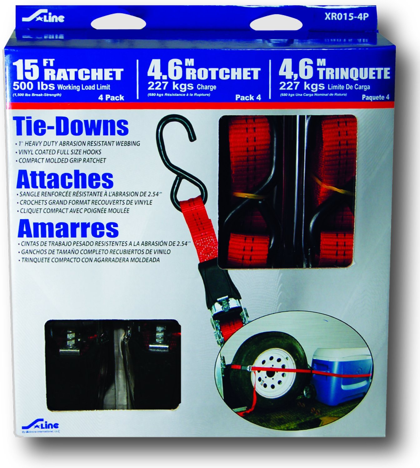 S-Line XR015-4P General Purpose Ratchet Strap with S-Coated S-Hooks, 1-Inch by 15-Feet, 4-Pack