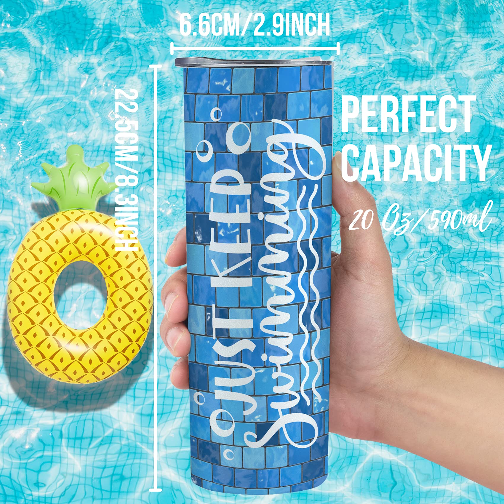 Onebttl Swimming Gifts, Swimmer Stainless Steel 20oz Skinny Tumbler for Women, Men, Teen Girls, Teammate, Coach, Swimming Pool Tiles - Just Keep Swimming
