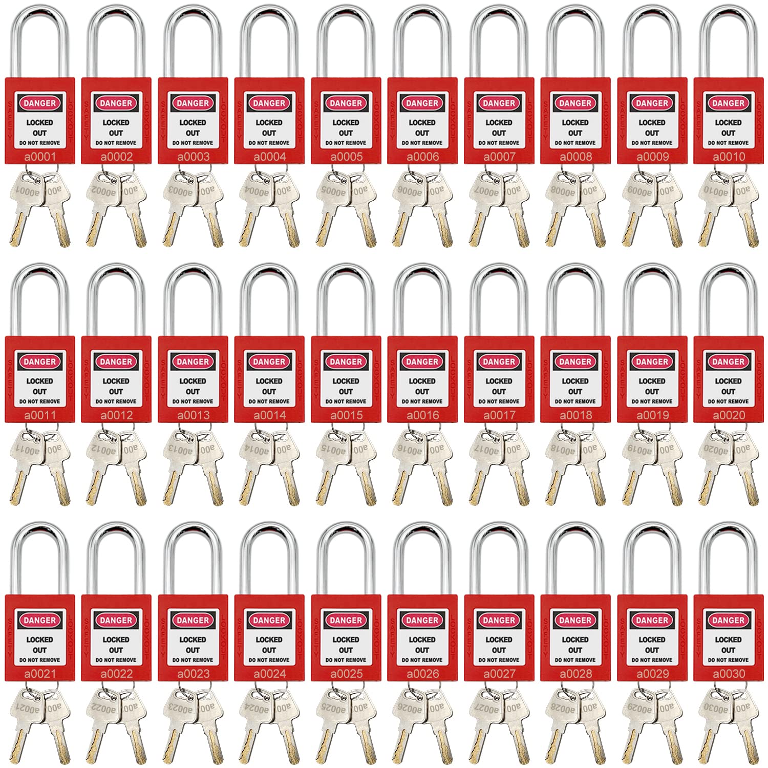 SAFBY Loto - Juego de 30 candados seguros para estaciones y dispositivos de bloqueo y etiquetado (30 cerraduras rojas, llave similar)