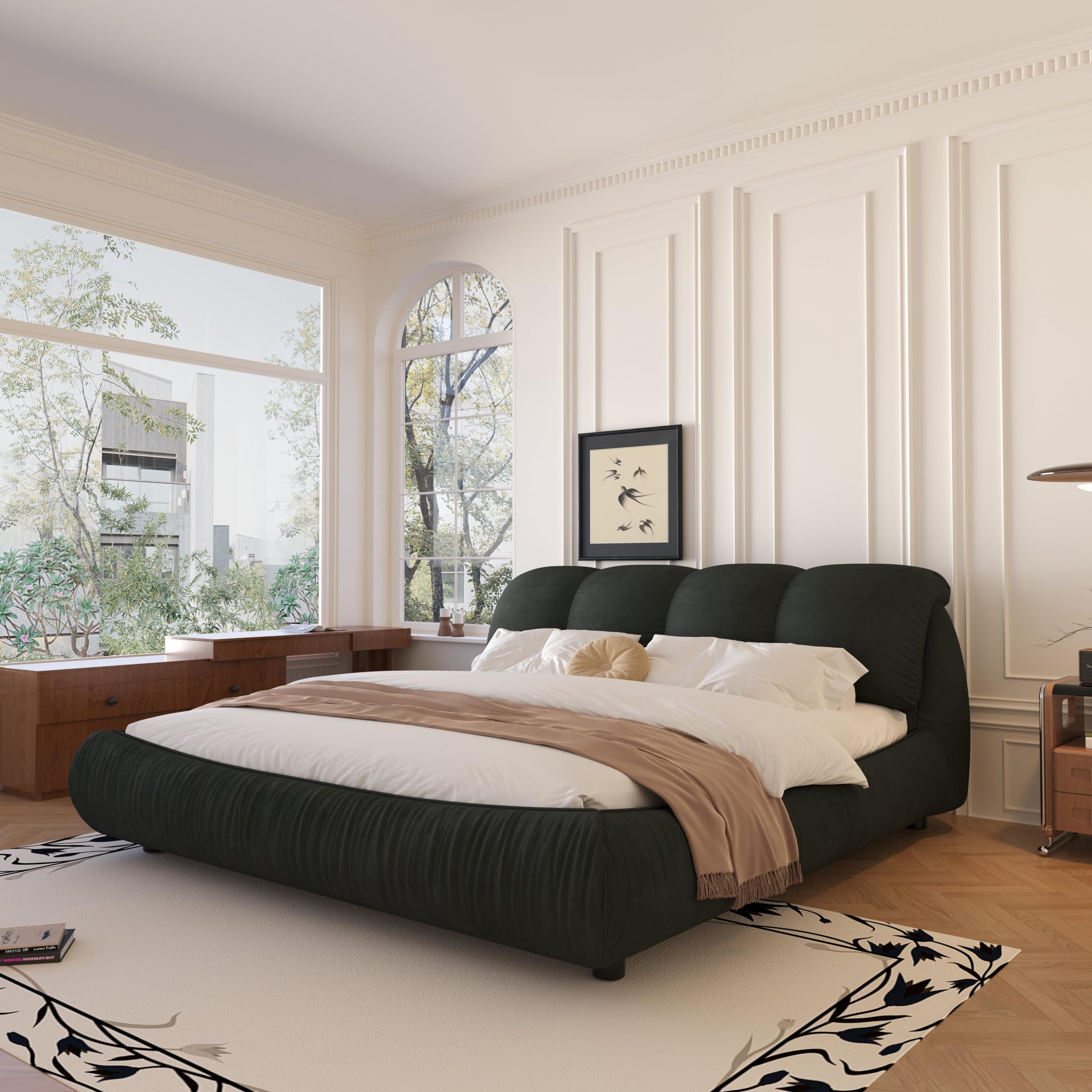 Olodumare Luxury King Size Upholstered Platform Bed with Oversized Padded Headboard, Solid Wood Slats & Frame, Squeak-Free, Supports Multiple Mattress