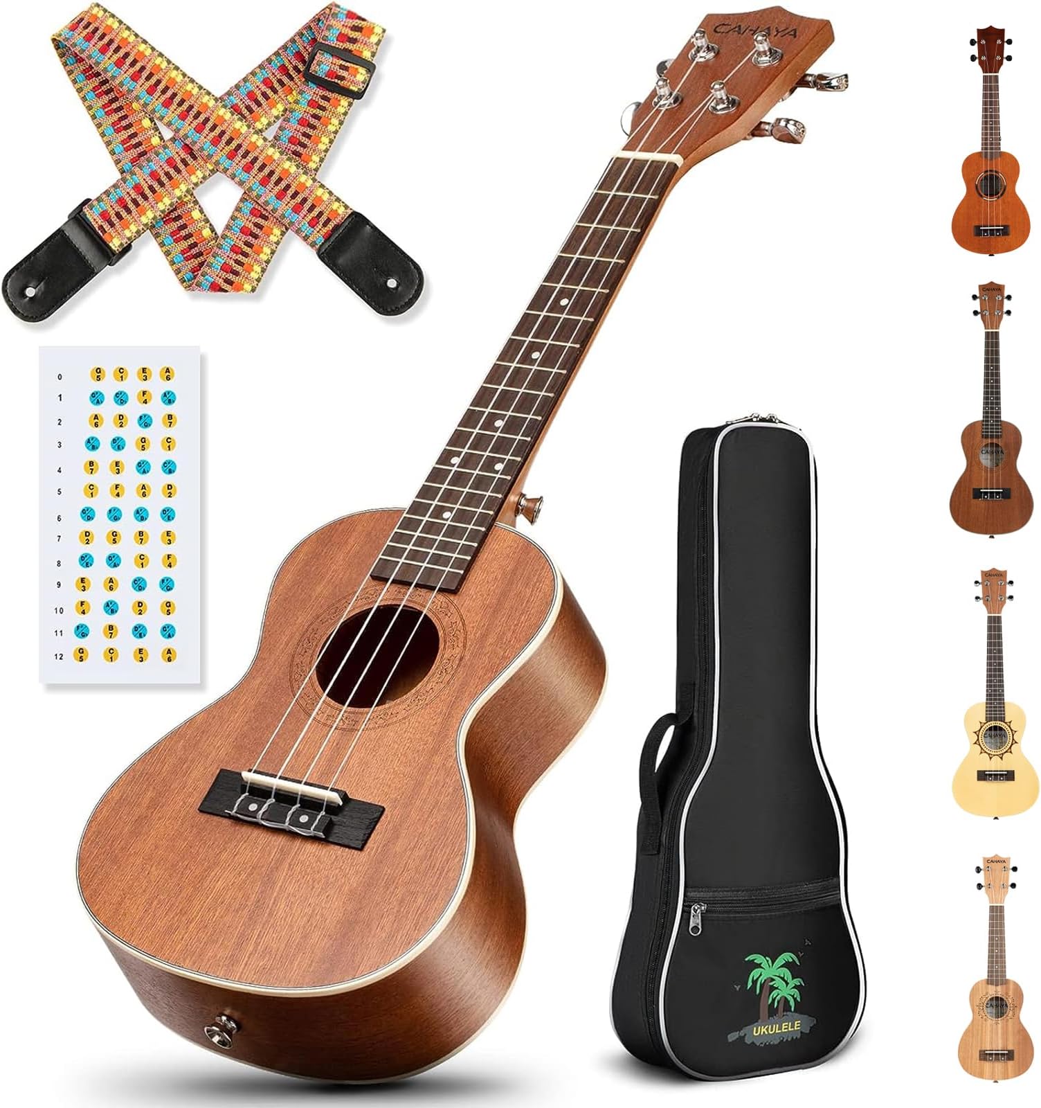 CAHAYA Concert Ukulele Kit Beginner Starter 23 Inch with Gig Bag, Rainbow Strap, Fretboard Stickers, for Adults Sapele, Model CY0070