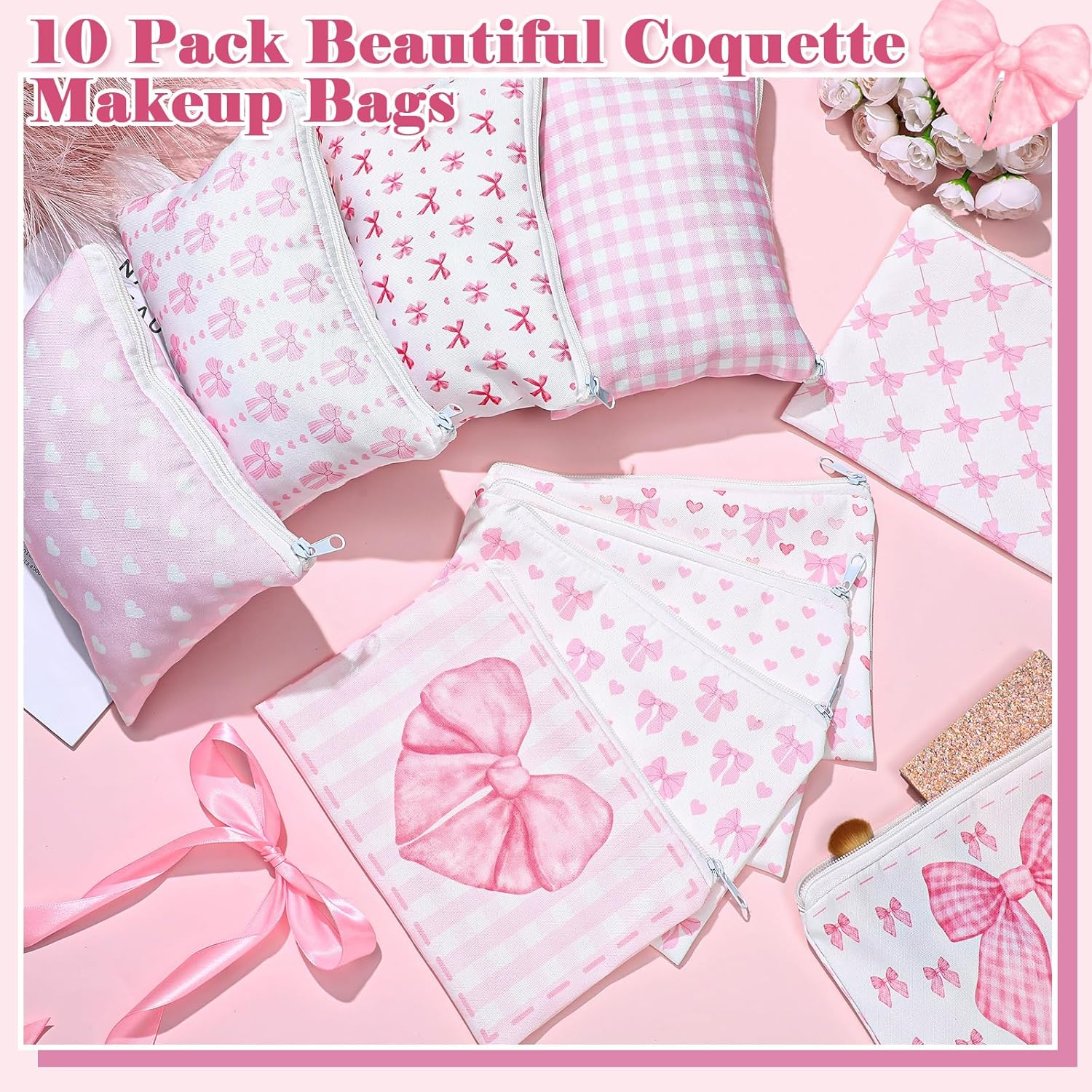 Reginary 10 Pcs Valentines Coquette Bow Cosmetic Bag for Valentine's Day Wedding Nurses Day Aesthetic Makeup Bag Lovely Heart Preppy Pouch Zipper Coquette Party for Galentine Gift(Pink,Lovely Heart) - Image 3