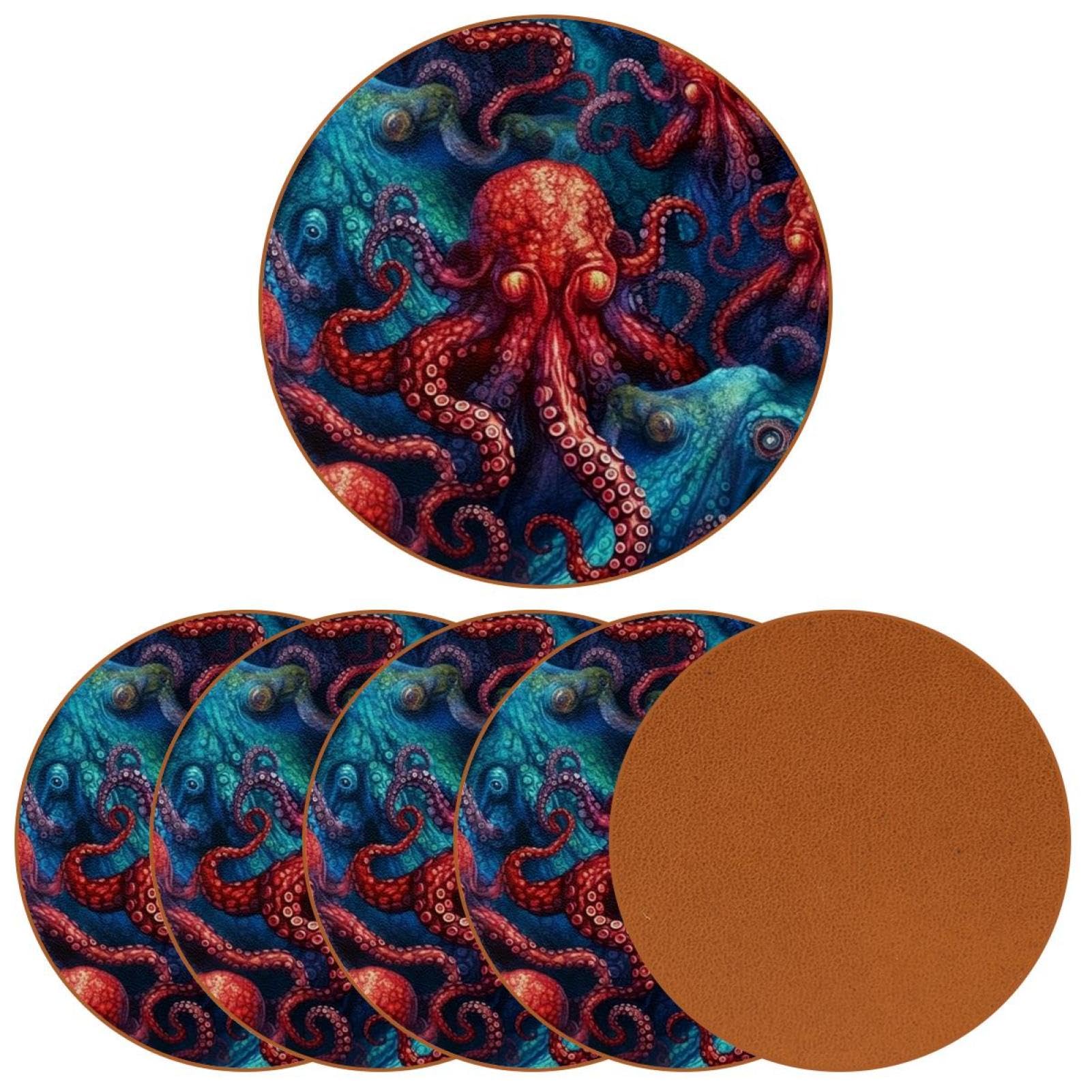 Cartoon-Ozean-Oktopus-Untersetzer für Getränke, 6 Stück, Tisch-Schutzmatte für Weingläser, Tassen und Tassen, wiederverwendbar im Büro, Küche, Bar, 10,9 cm