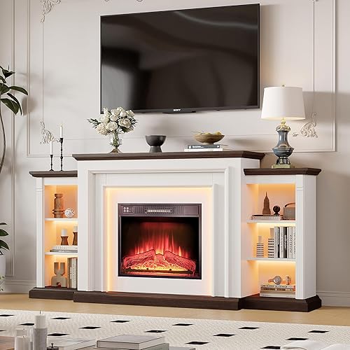 72" LED Electric Fireplace with Mantel, Fireplace TV Stand for 80 Inch TV, Modern Entertainment Center with Storage, Delicate Three-Dimensional Molding with Remote Control for Living Room
