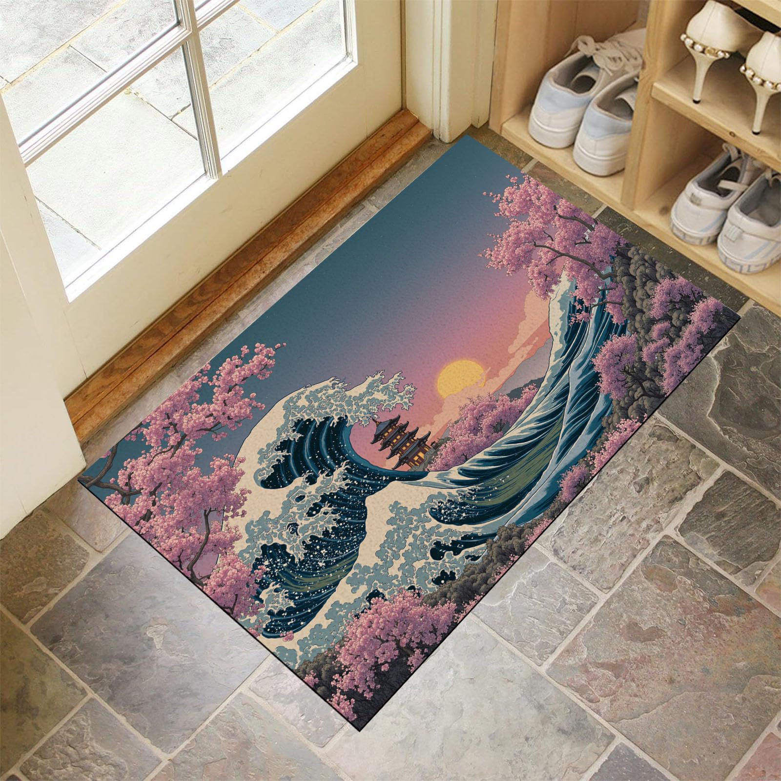 Tapis de sol absorbant antidérapant et lavable motif fleurs de cerisier 90x150