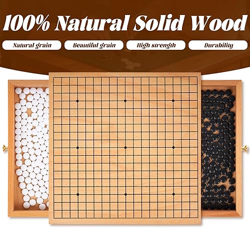 Miniatura 5 de Juego de madera tradicional de 12 pulgadas con cajones de almacenamiento extraíbles, juego de mesa clásico Weiqi con piedras blancas y negras,