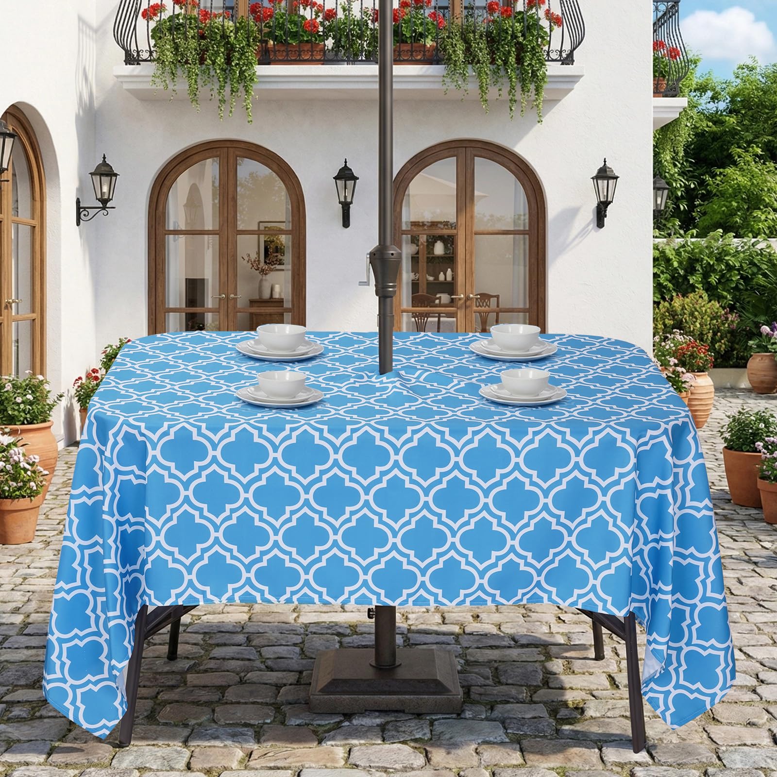 Eternal Beauty 60''X84'' Rectangle Tablecloth Waterproof Outdoor Tablecloth with Umbrella Hole Zipper for Patio Spring Summer Picnic Tables, Blue