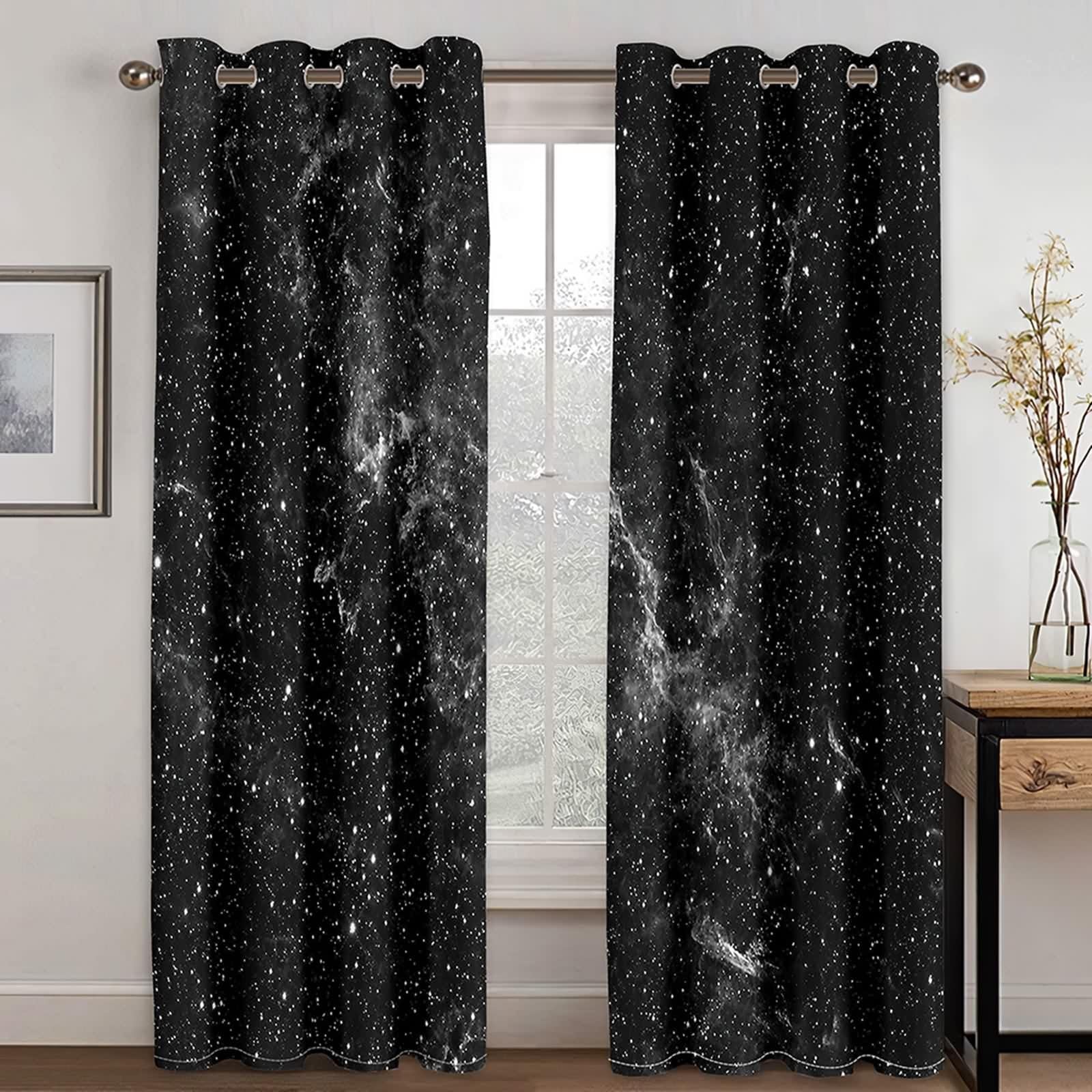 Rideau Fenetre Chambre, Rideau Occultant Cuisine Noir Blanc Polyester Ciel Étoilé 107L x 214H CM Lot de 2