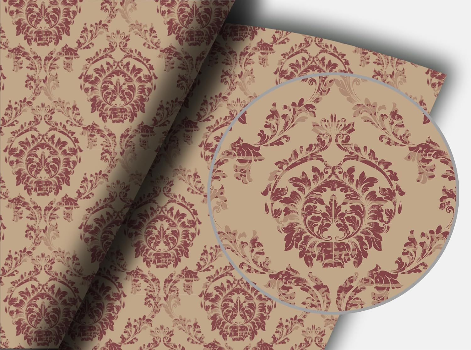 RANRAN Vintage Damask Peel and Stick Wallpaper, Self Adhesive Removable Wall Decorations, Burgundy and Beige, 17.3in x 118in, 14.2 Square Ft/Roll