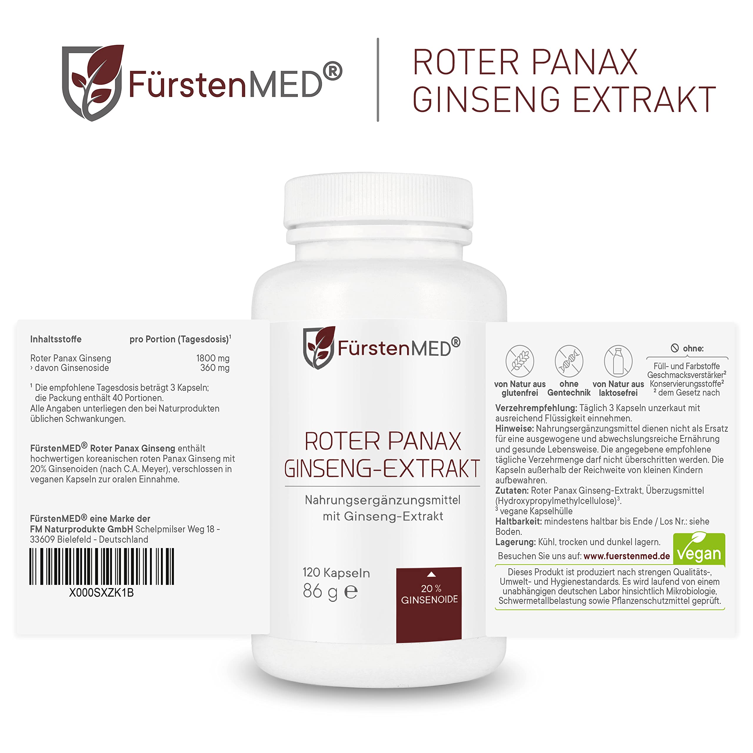 FürstenMED® 1800mg Echter Panax Ginseng Extrakt - 120 Kapseln - Hochdosiert mit 360mg Ginsenoside pro Tagesdosis - 120 Vegane Kapseln frei von unerwünschten Zusatzstoffen