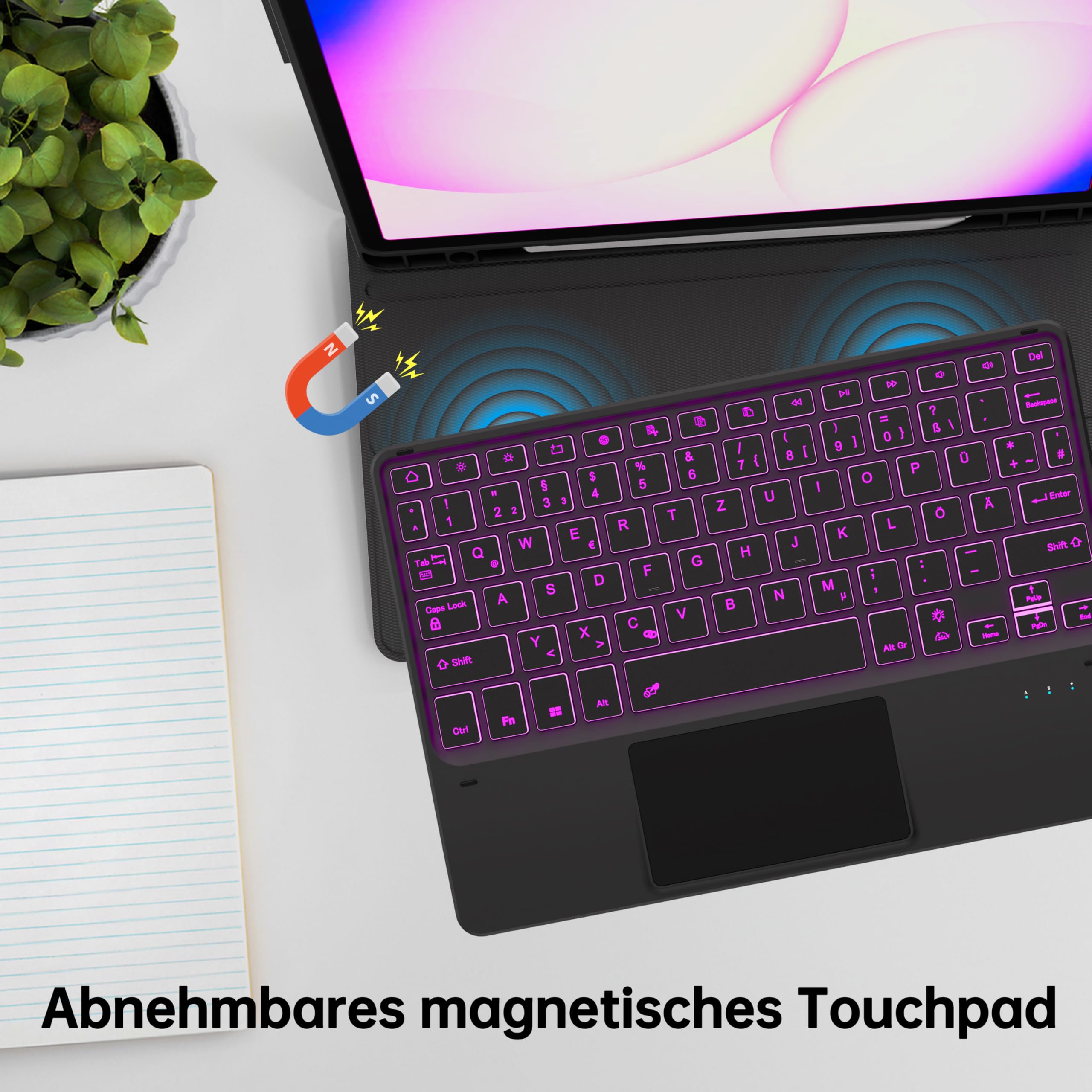 ROOFEI für Samsung Galaxy Tab A11 Plus/A9+ 11 Zoll Tastatur Hülle - 7 Farbig Hintergrundbeleuchtetes mit Abnehmbares Touchpad Tablet Cover - Tab A11+/A9 Plus 11" Deutsches QWERTZ Layout Tastatur