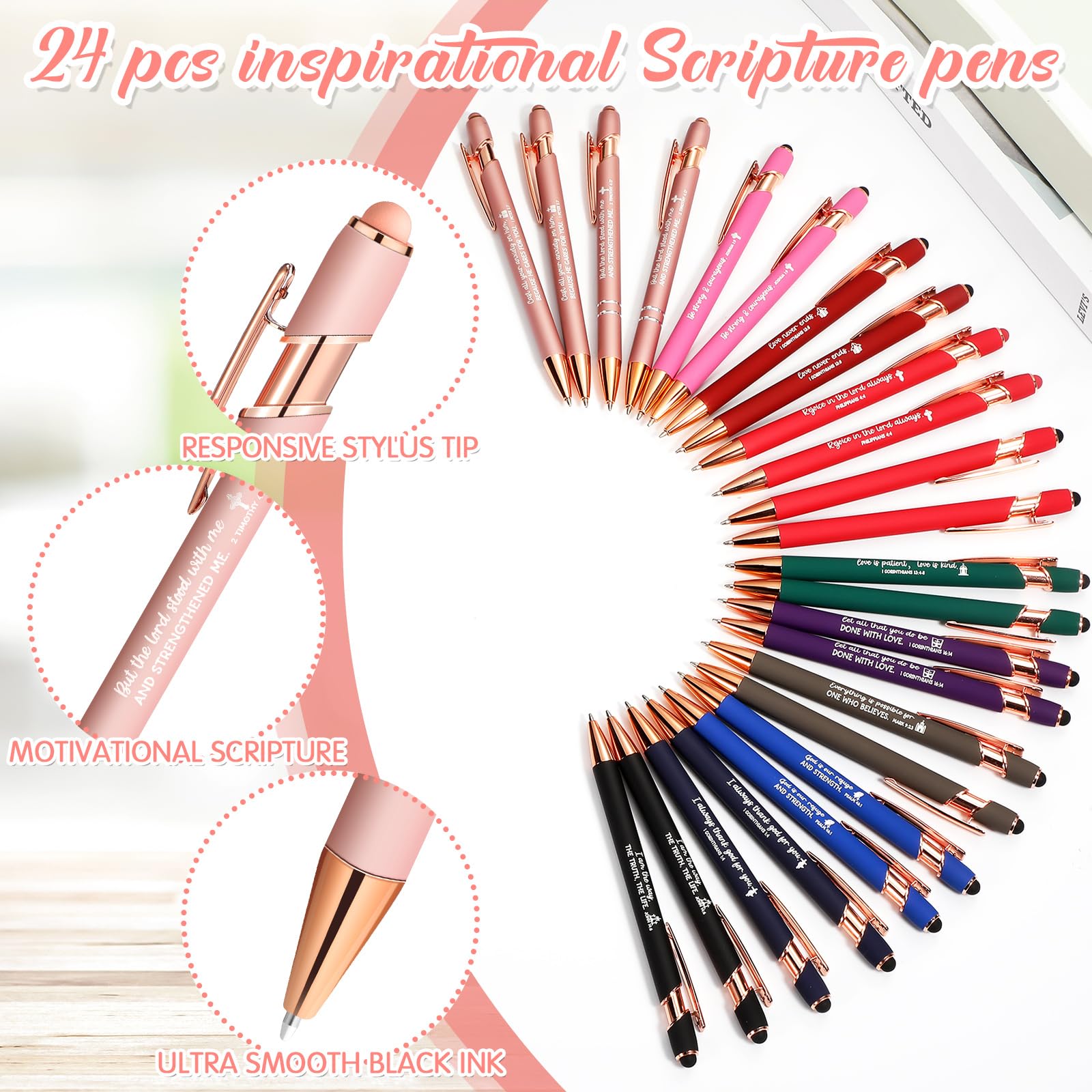 Estune 72 Pcs Christian Bible Gifts Set Bulk 24 Religious Scripture Notebooks 24 Scripture Quote Inspirational Ballpoint Pens 24 Bible Verse Keychain Inspirational Bible Gifts for School Office
