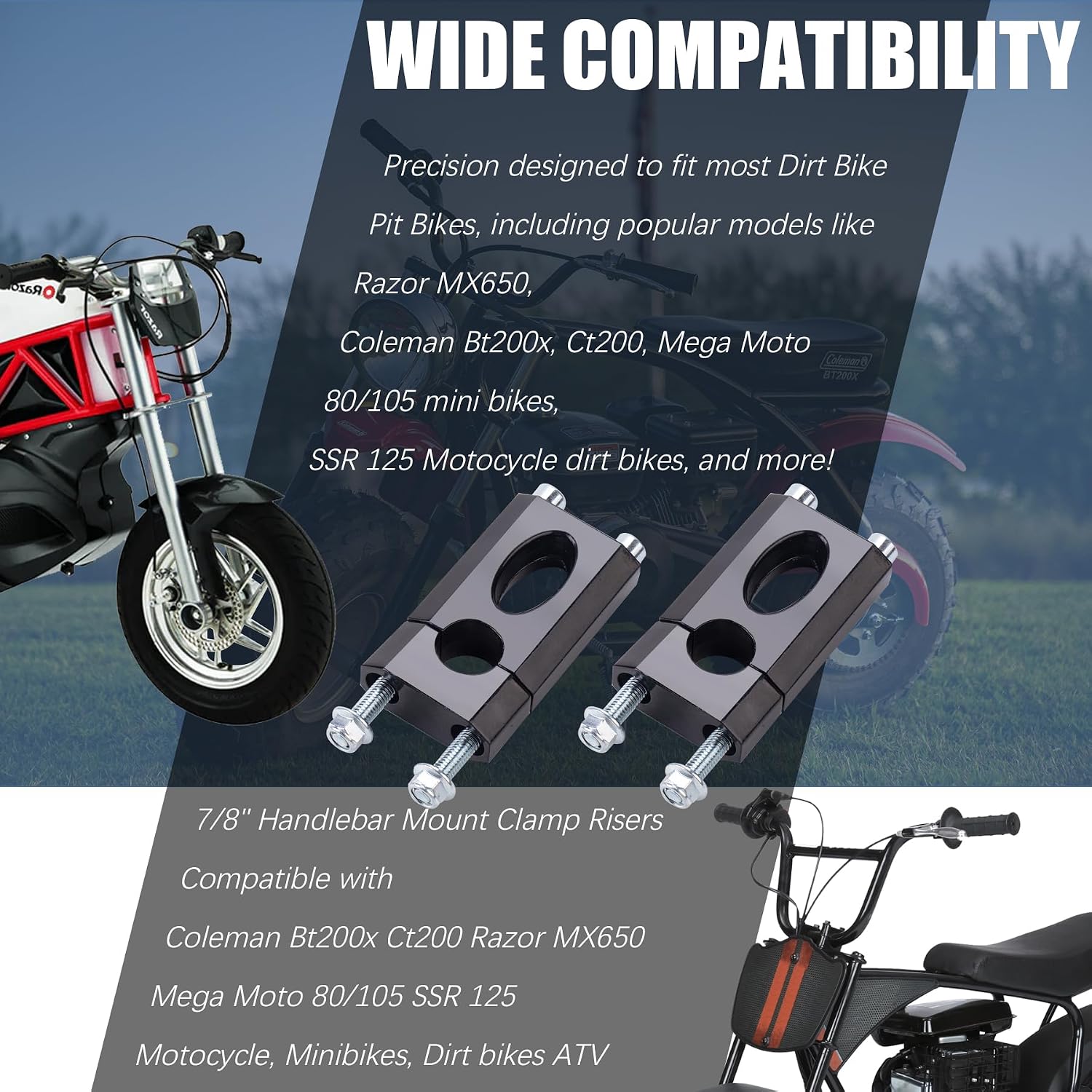 22mm Handlebar Risers,7/8" Handlebar Mount Clamp Risers Compatible with Coleman Bt200x Ct200 Razor MX650 Mega Moto 80/105 SSR 125 Motocycle, Minibikes, Dirt bikes ATV