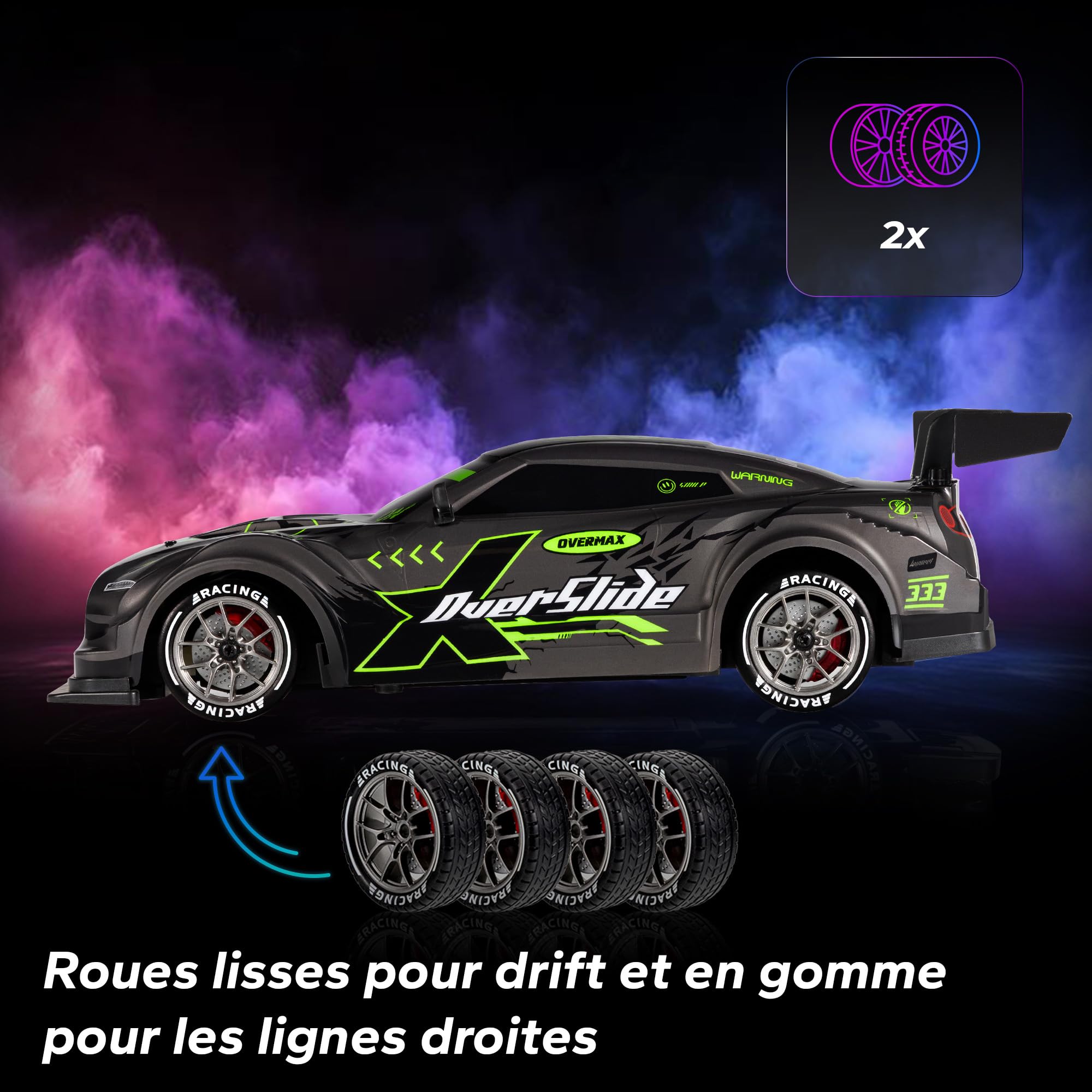 Overmax X-OVERSLIDE Voiture RC Drift Télécommandée, Voiture pour Enfants 8+, 1:16, 20 km/h Portée jusqu'à 80 m, 4WD, 2 Batteries 500 mAh, Roues et Obstacles, Boîtier Supplémentaire