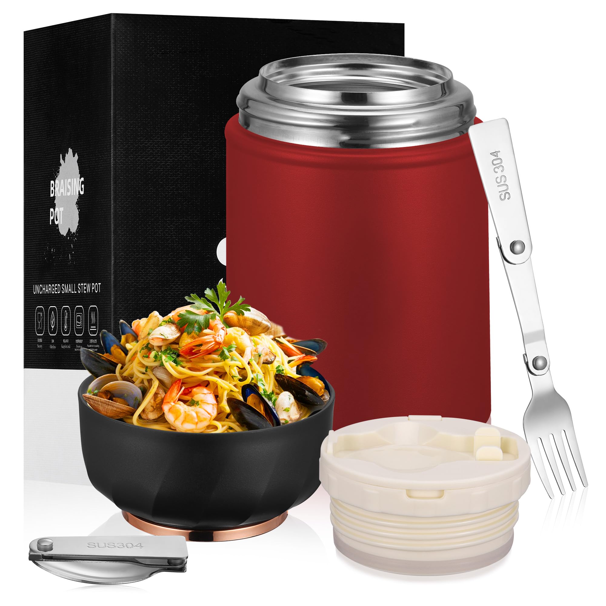 TranRantic Food Flask for Hot Food, 500ML Stainless Steel Insulated Food Container, Leakproof Soup Flask with Foldable Fork and Spoon, Food Flask for Hot and Cold Meals (Red)
