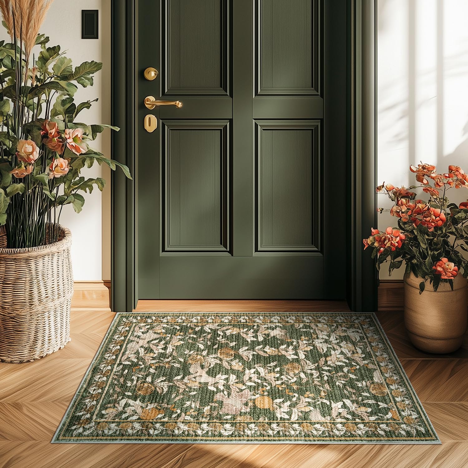 jinchan Eden Floral Area Rug 2x3 Entryway Vintage Washable Indoor Doormat Accent Rug Lightweight Soft Small Non-Slip Low Pile Distressed Green Carpet