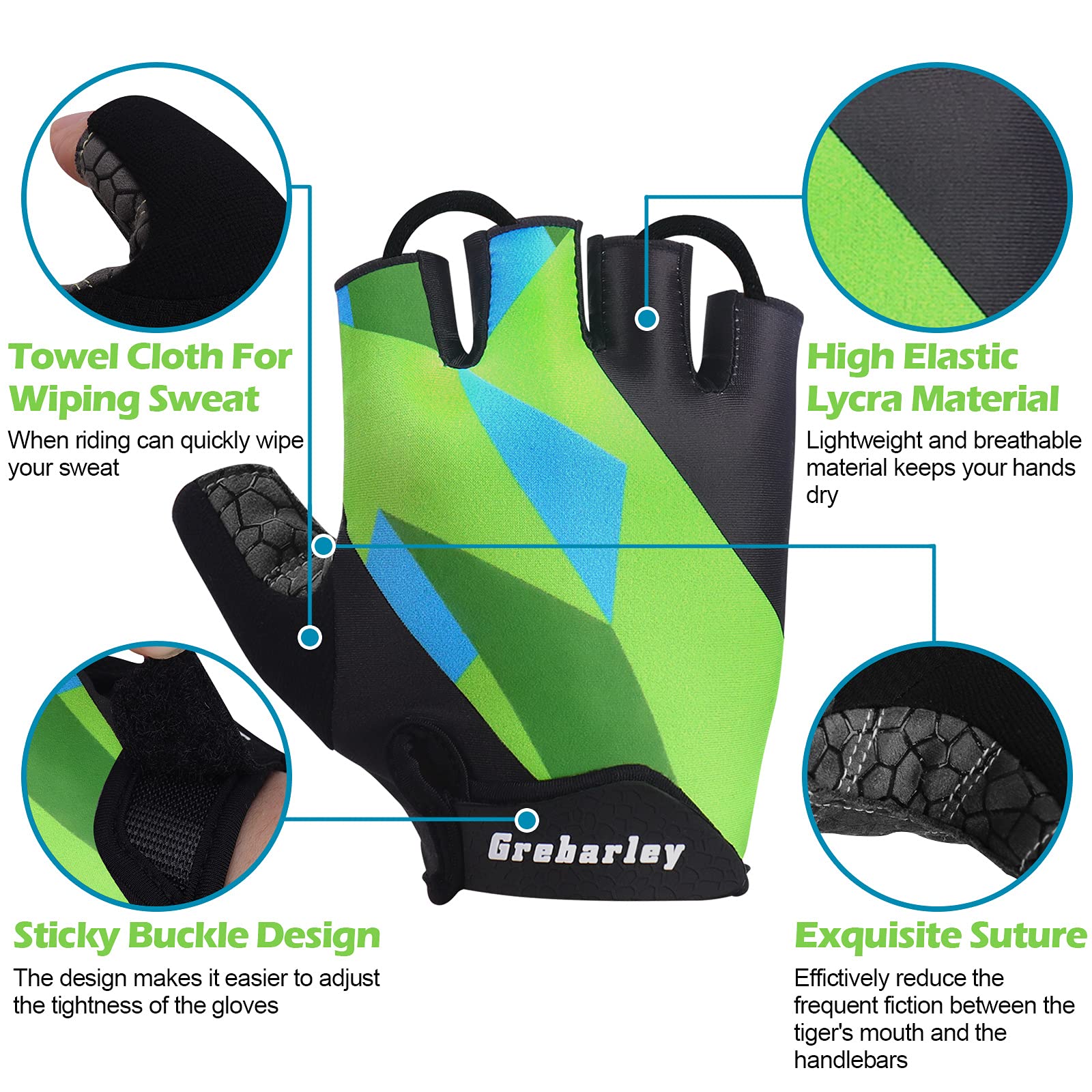 Grebarley Guanti MTB,Guanti da Ciclismo, Mezze Dita Guanti Ciclismo Estivi Uomo Donna, Traspirante/Antiurto/Confortevole/Antiscivolo Adatto per gli sport all'aperto