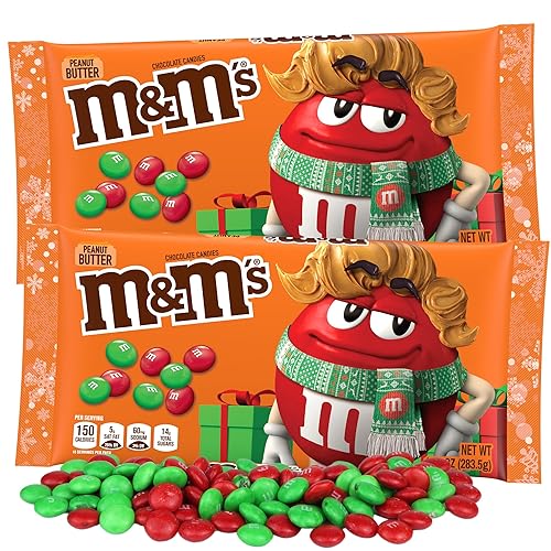 M and M - Caramelos de chocolate con mantequilla de maní navideños, lentejas festivas rojas y verdes, suministros para hornear, 10 onzas (paquete de
