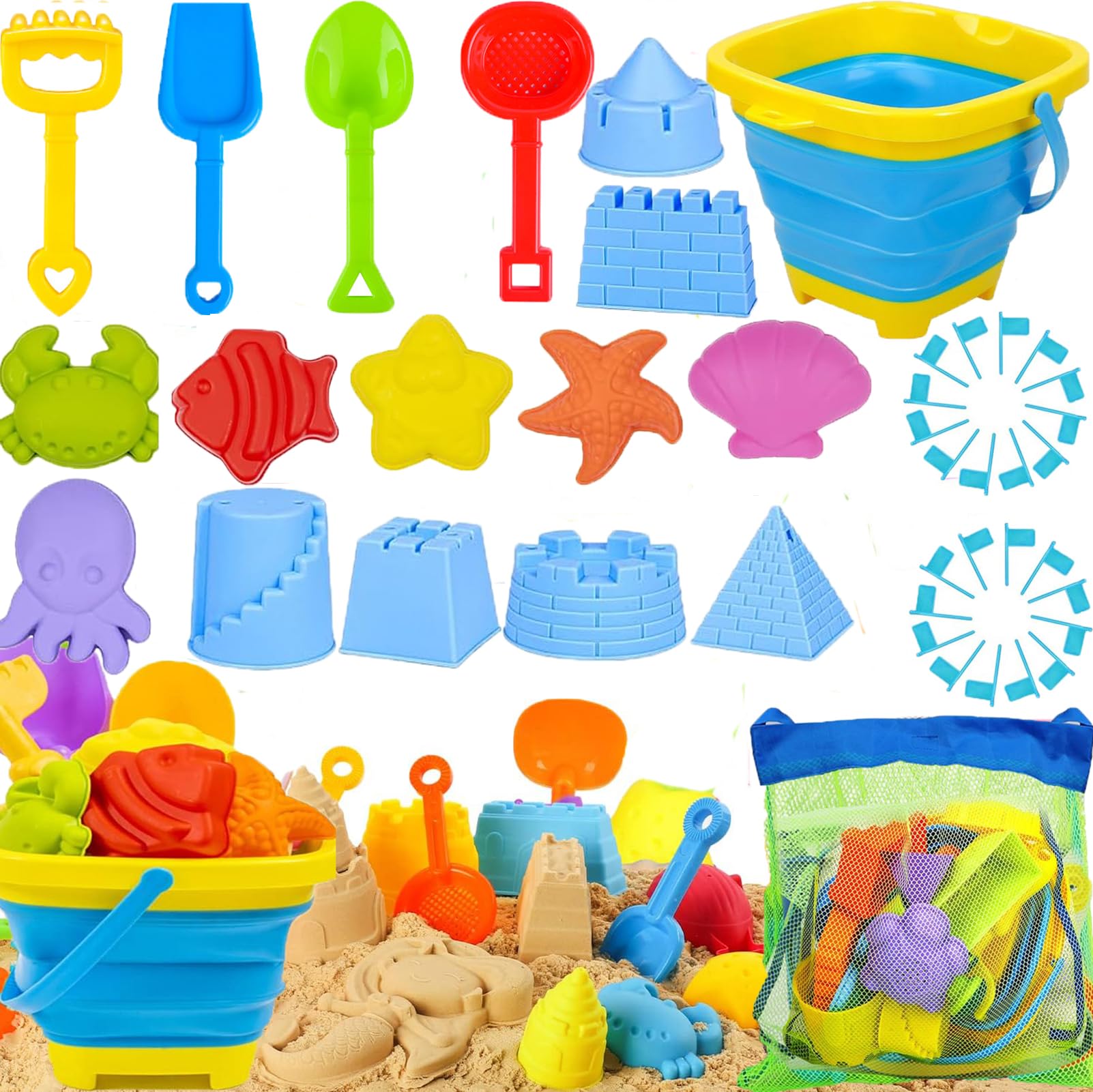 SunAurora 43 Piezas Juguetes De Playa, Juegos Playa Niños con 2L Cubo Playa Plegable, Bolsa de Playa, Pala de Playa, Rastrillo, Molde de Vida Marina, Molde de Castillo para Bebe 2 3 4 Años
