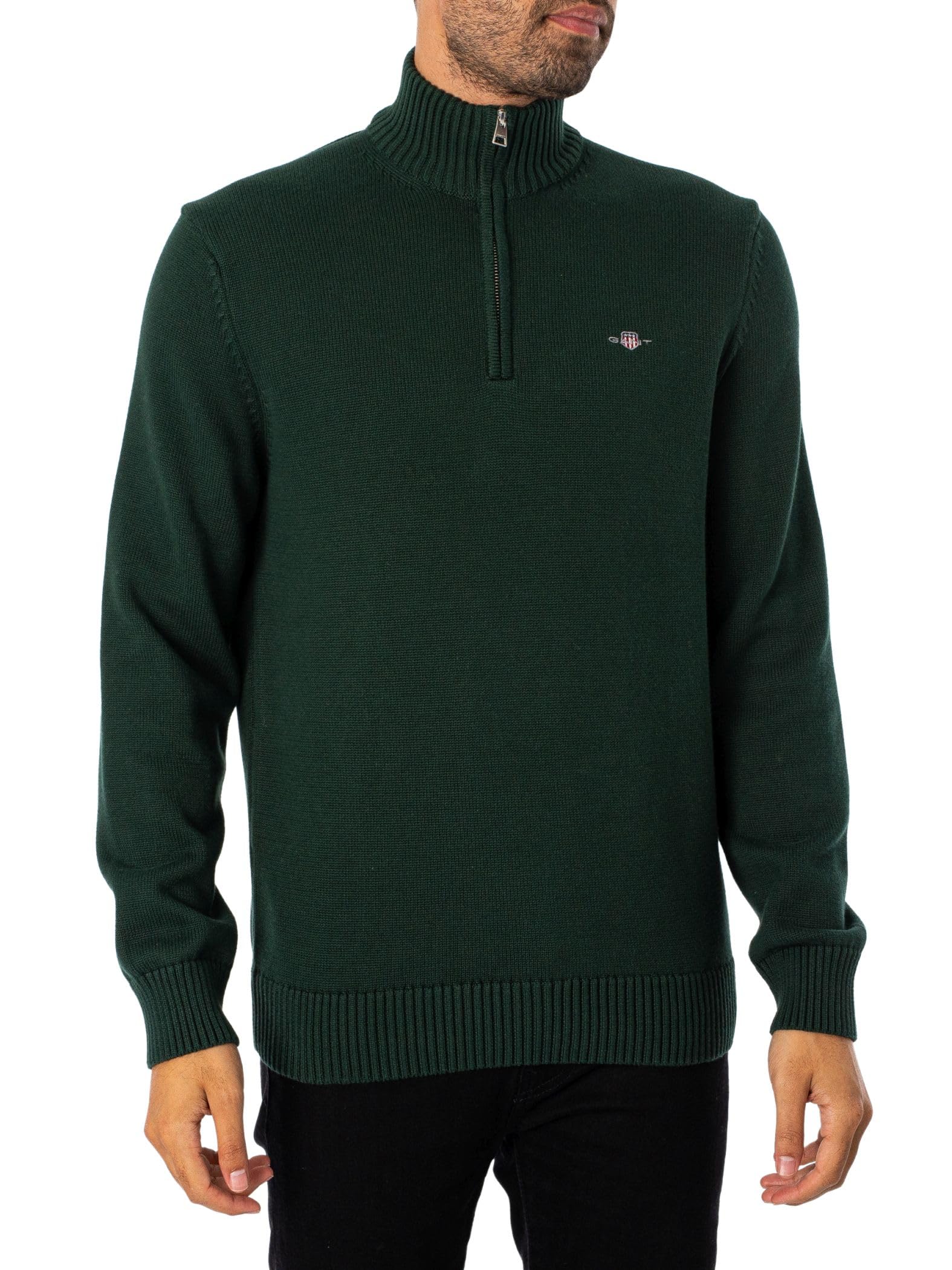 Gant Men's Green Casual Cotton Half Zip Jumper - 374 Tartan  L