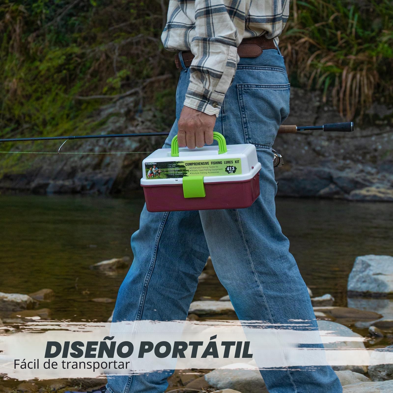 THKFISH Caja de aparejos de 3 capas con aparejos incluidos, 413 piezas de señuelos de pesca, accesorios y herramientas. El kit contiene cebo, ganchos, pesos, plomos, alicates de pesca de lubina