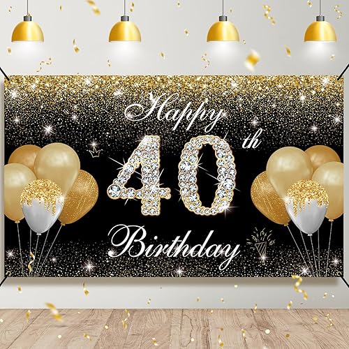 Decoraciones de feliz cumpleaños 40 para hombres y mujeres, pancarta de fondo de cumpleaños número 40 negro y dorado, cartel de patio, accesorios de