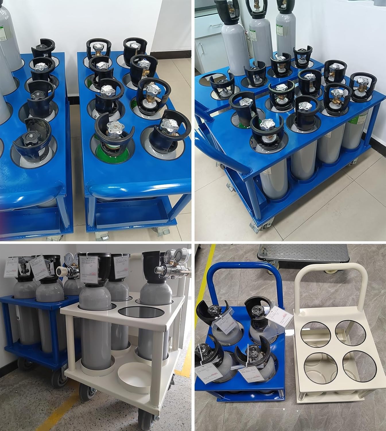 Oxygen Cylinder Rack Oxygen Cylinder Cart Holds 4/6/8 Tanks, Heavy-Duty Oxygen Cylinder Trolley with 4 Wheels, Cylinder Tank Carrying System Cart for Storage(Blue,4 Slots)