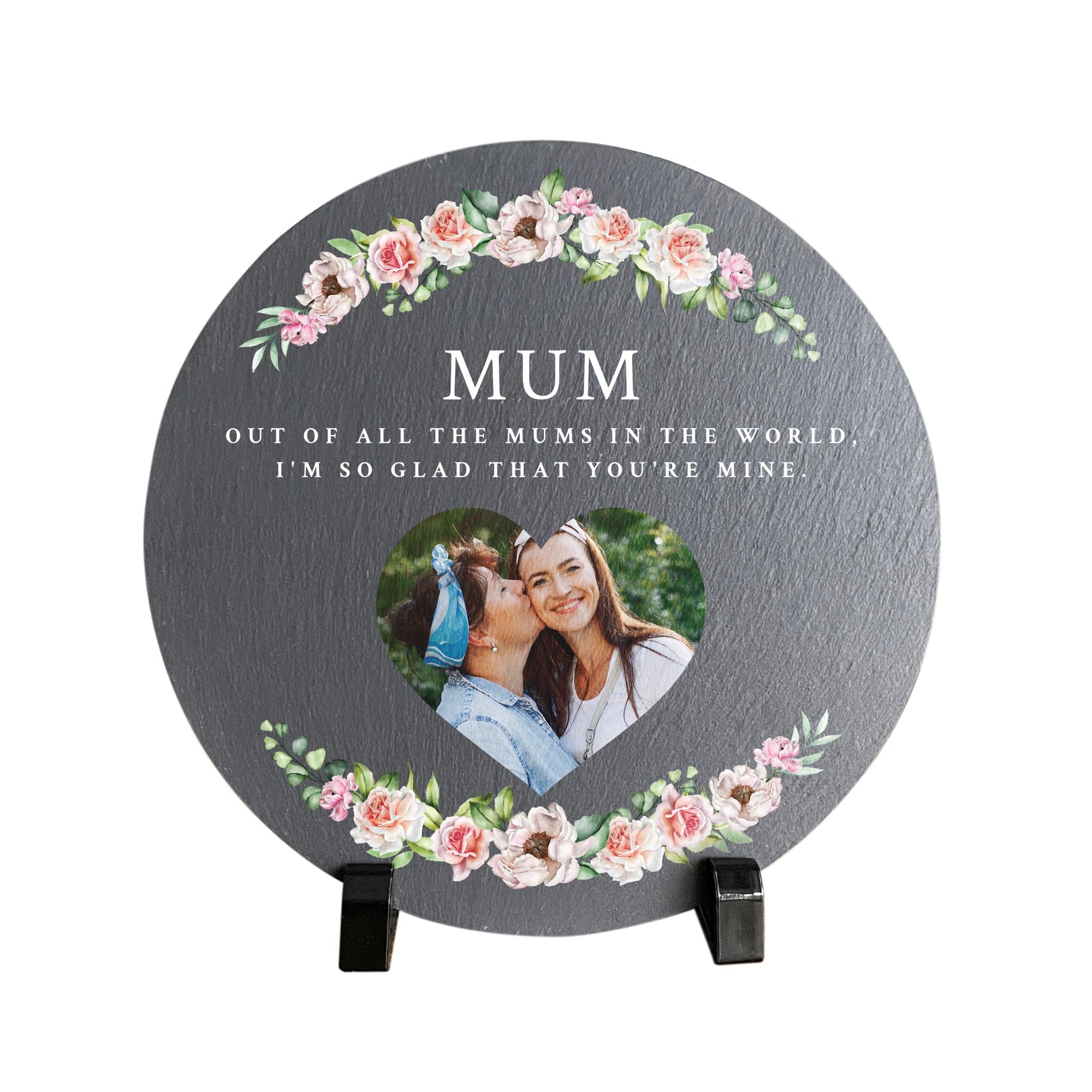 Personalised "Any Message" Pink Floral Slate Circle Decoration - Custom Photo & Message | Mother's Day, Birthday, Anniversary | 20cm Diameter with Stand