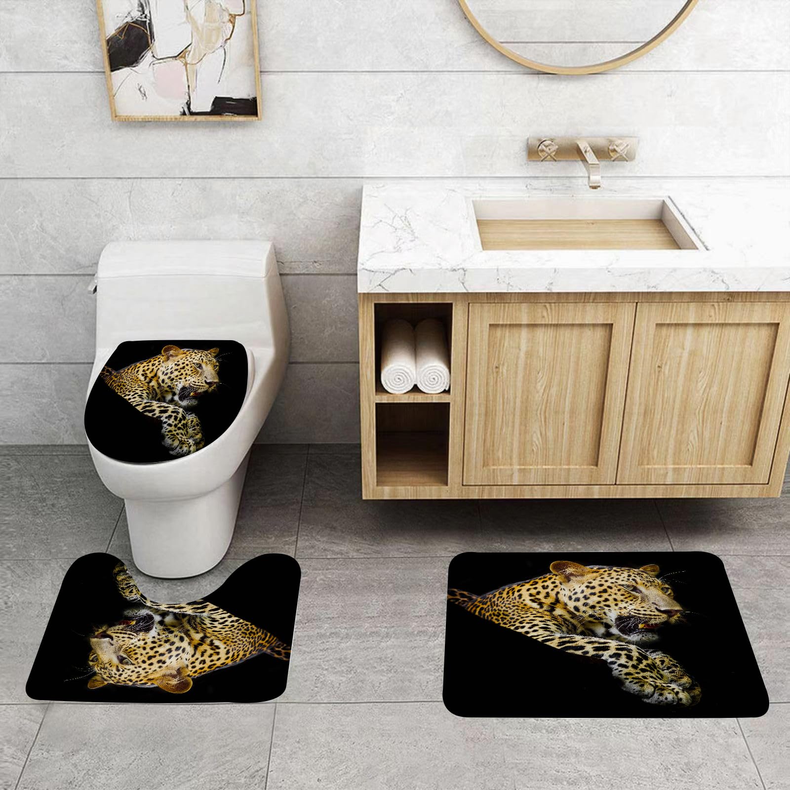 Set di 3 tappetini da Bagno, Lavabili in Lavatrice e Antiscivolo, in Morbida Fibra Superfine, con Stampa Leopardata (3)