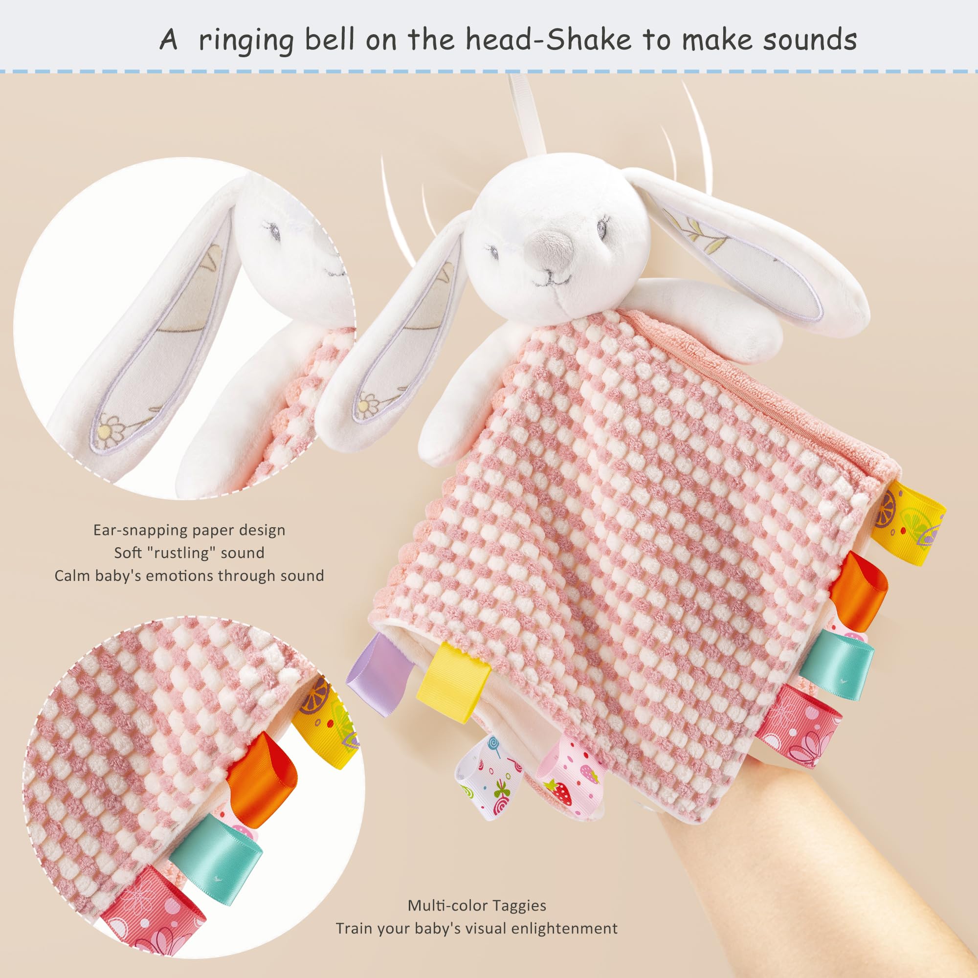 EAQ Baby Comforters with Taggies and Bell 38x38cm Baby Essentials for Newborn soft baby toys for Newborn baby girl Easter gift (Rabbit) - Image 2