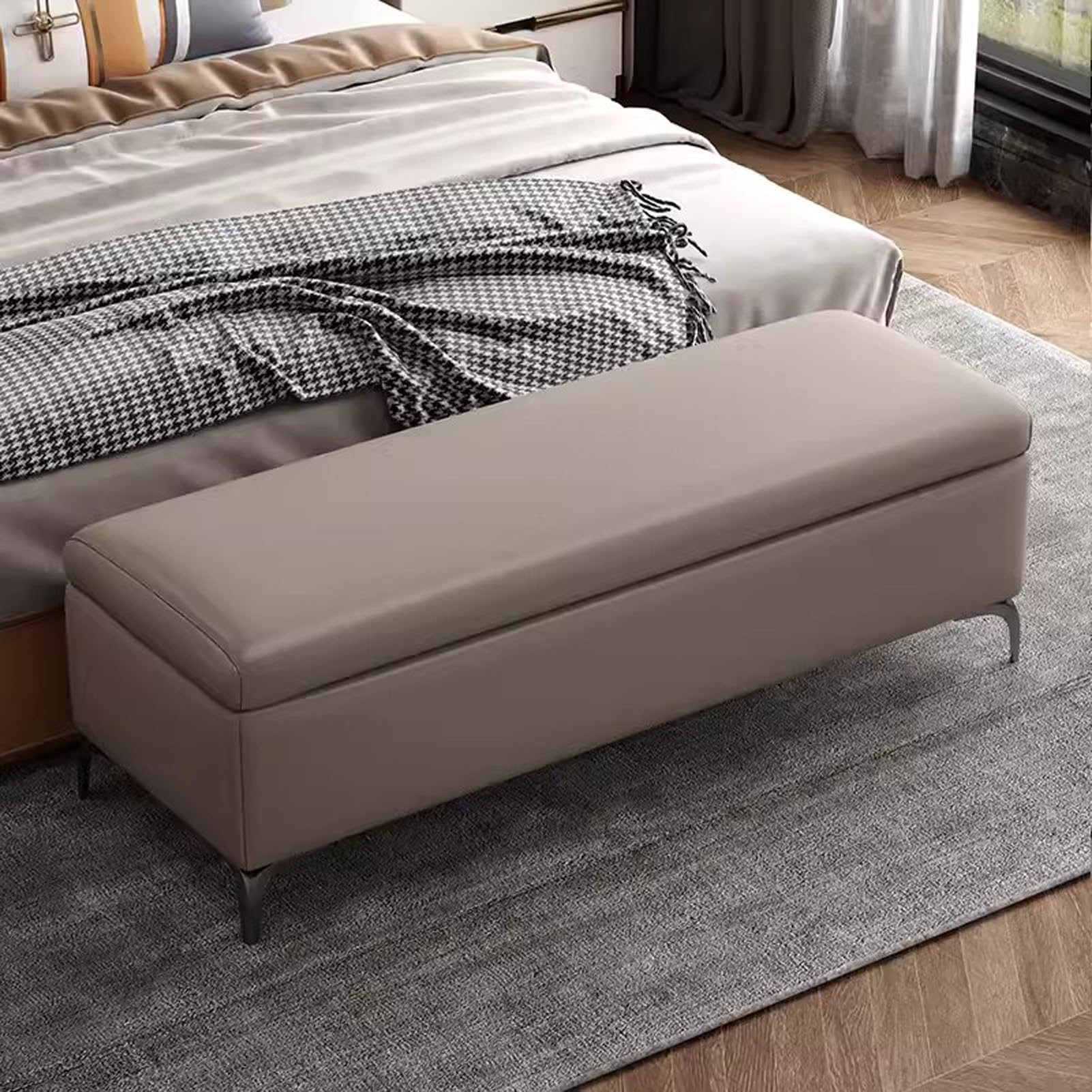 Banc bout de lit en cuir et coffre de rangement avec pieds acier pour salon