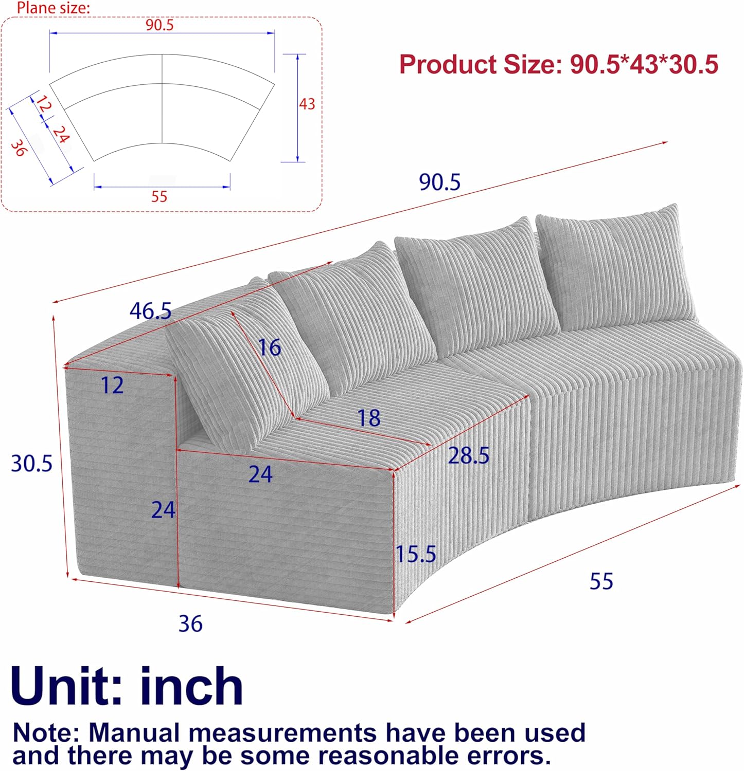 Modern Curved loveseat Sofa, Sector-Shaped Boneless Floor Couch for Living Room, Upholstery Ribbed Pattern Corduroy Fabric Arch Design Sofas Set (Black, 2-seat)