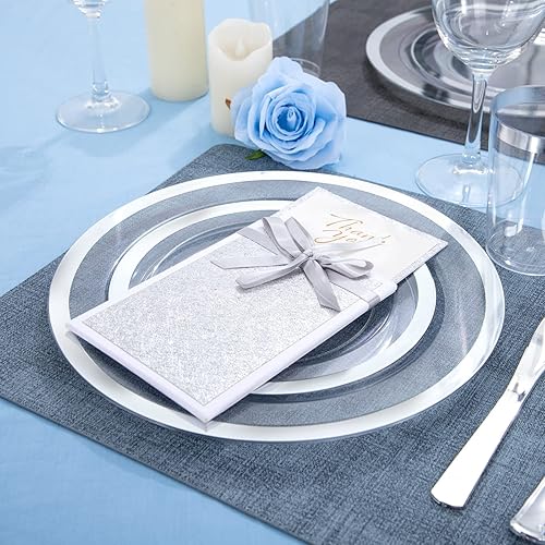Miniatura 4 de YOUBET 175 platos de plástico transparente con borde plateado y cubiertos de plástico plateado y vasos de plástico plateado que incluyen 25 platos