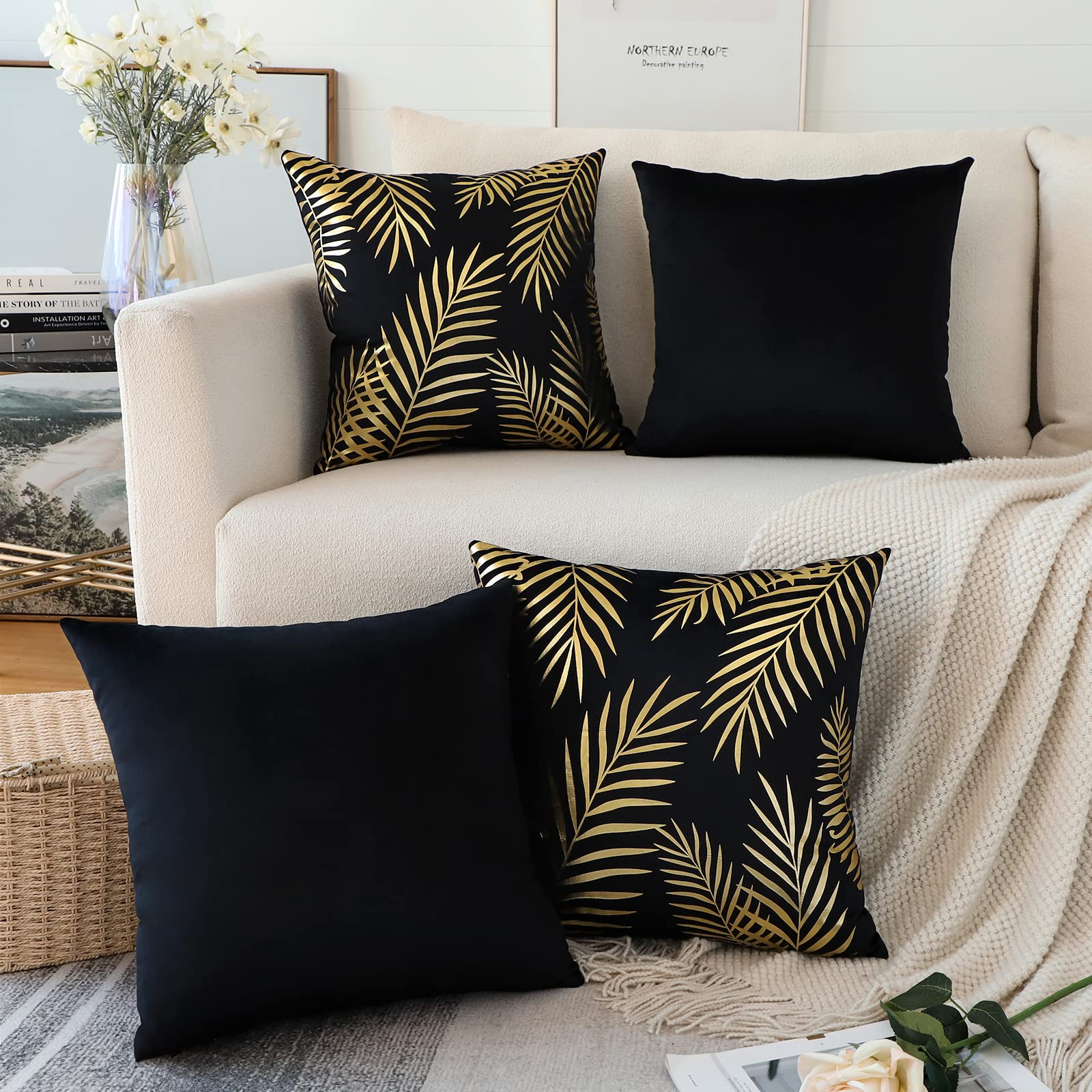 JOTOM Pack of 4 Velvet Soft Cushion Cover Gold Leaves Modern Decorative Pillow Covers Bronzing Pillow Cases Square Throw Pillow Covers for Bedroom Sofa Car Home Couch Decor 45 x 45 cm (Black)