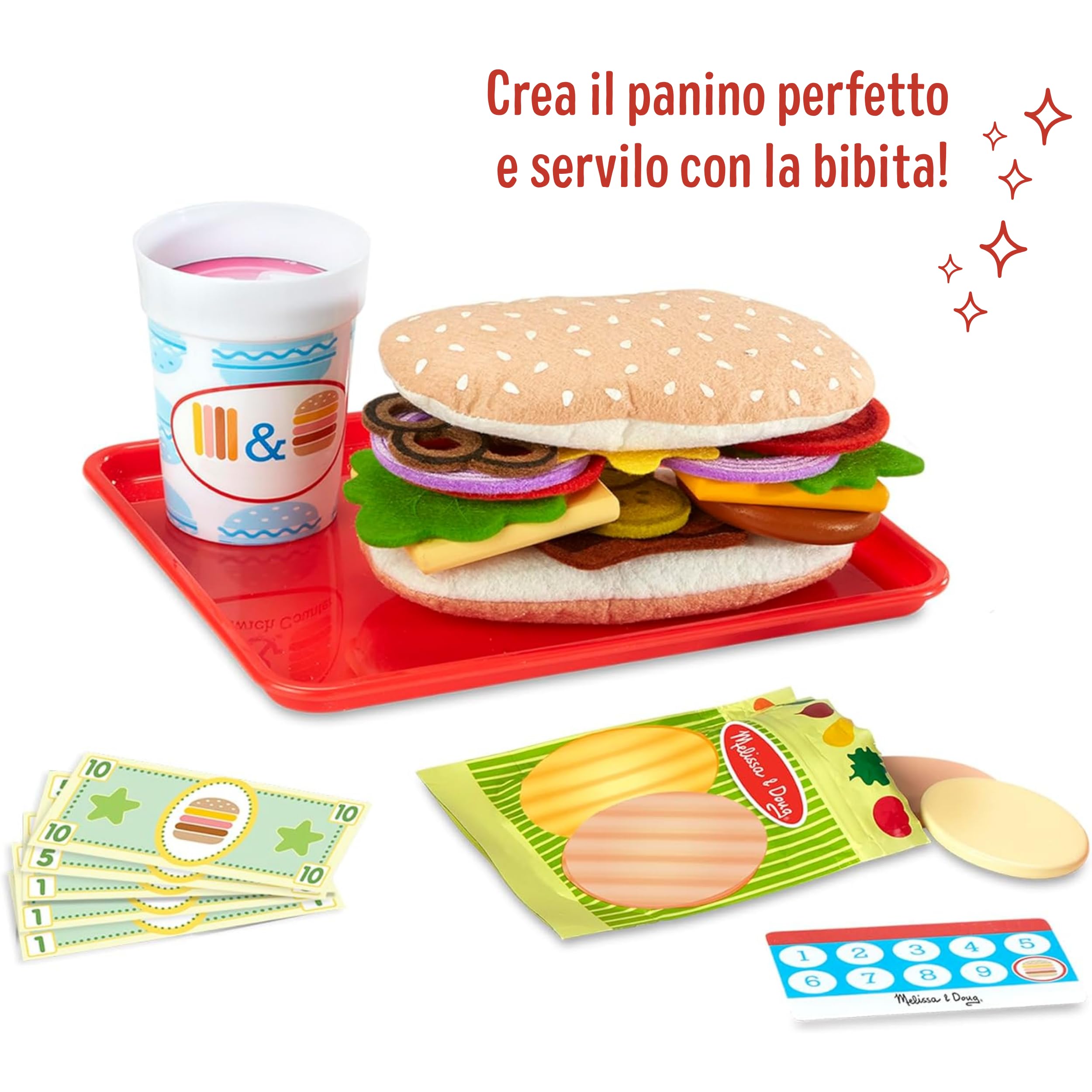 Melissa & Doug Banchetto degli Hamburger - Gioco Educativo in Legno, Cibo Giocattolo, Gioco di Imitazione Montessori, Gioco Creativo, Regalo per Bambini e Bambine, 3+ Anni - Certificati FSC