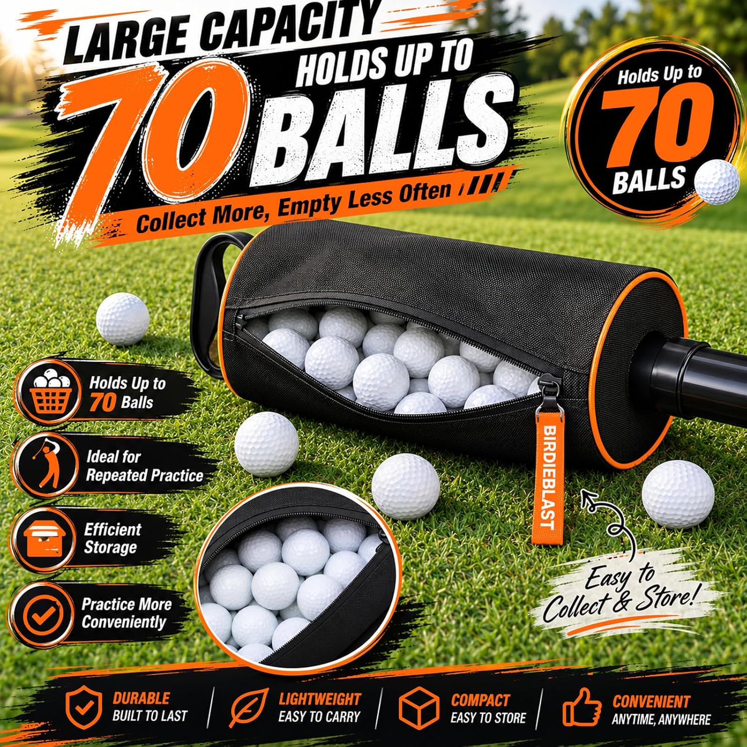 9Ft Golf Ball Retriever Telescopic, Stainless Steel Golf Ball Retriever for Water, Portable Shag Bag Golf Ball Pick Up with Removable Plastic Tube, Hold up to 70 Balls
