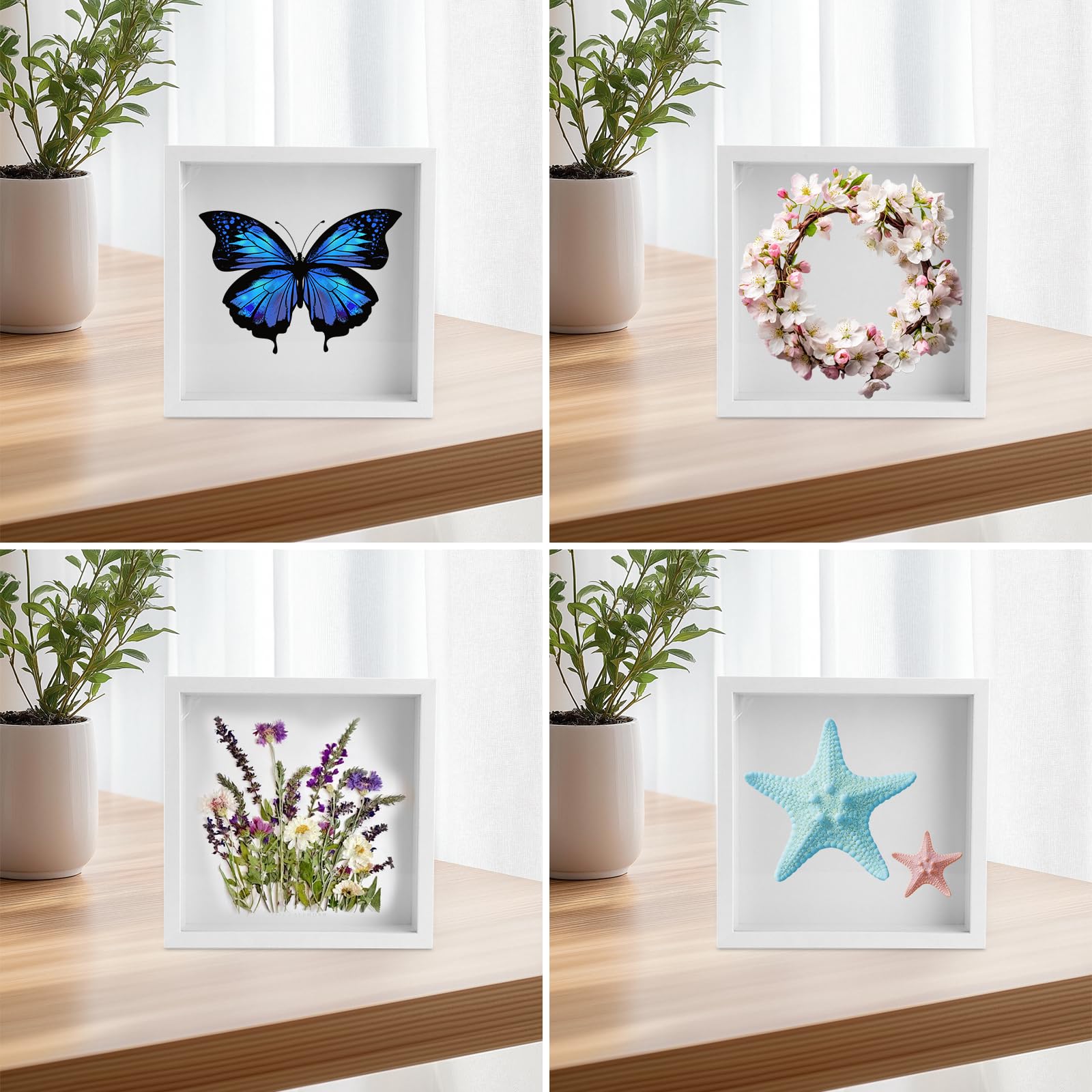 APACALI Lot de 4 cadres photo 3D à remplir - 20 x 20 cm - Blanc - Cadre profond pour objets - Cadre 3D avec verre transparent - Pour mur décoratif