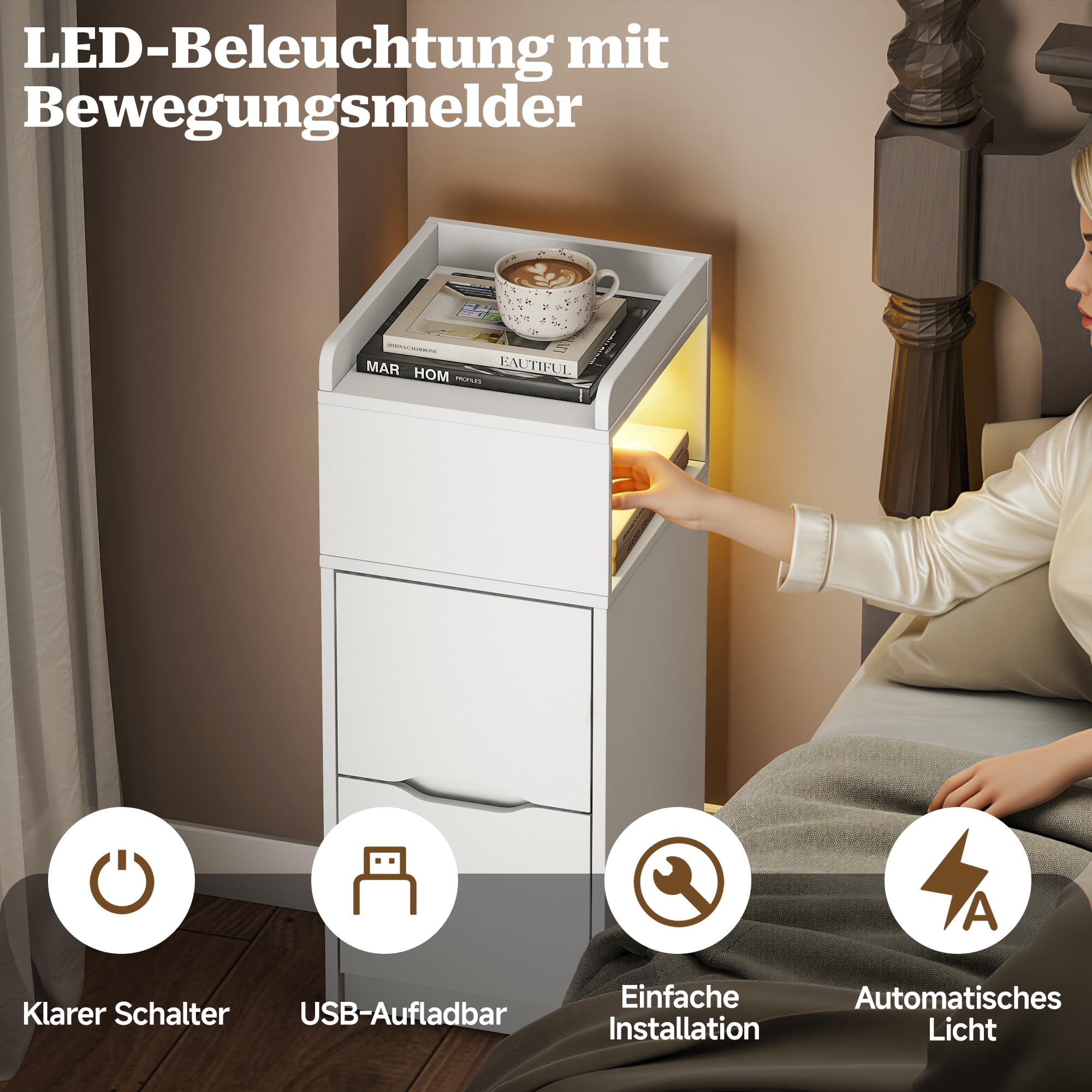 Quikraen Nachttisch Schmal mit Steckdose und LED, Weiß, 26.2x29.6x65 cm | mit 2 Schubladen, 1 offenes Fach, mit USB-/Typ-C sowie 2 wechselstromsteckdosen, 26.2x29.6x65 cm für Schlafzimmer