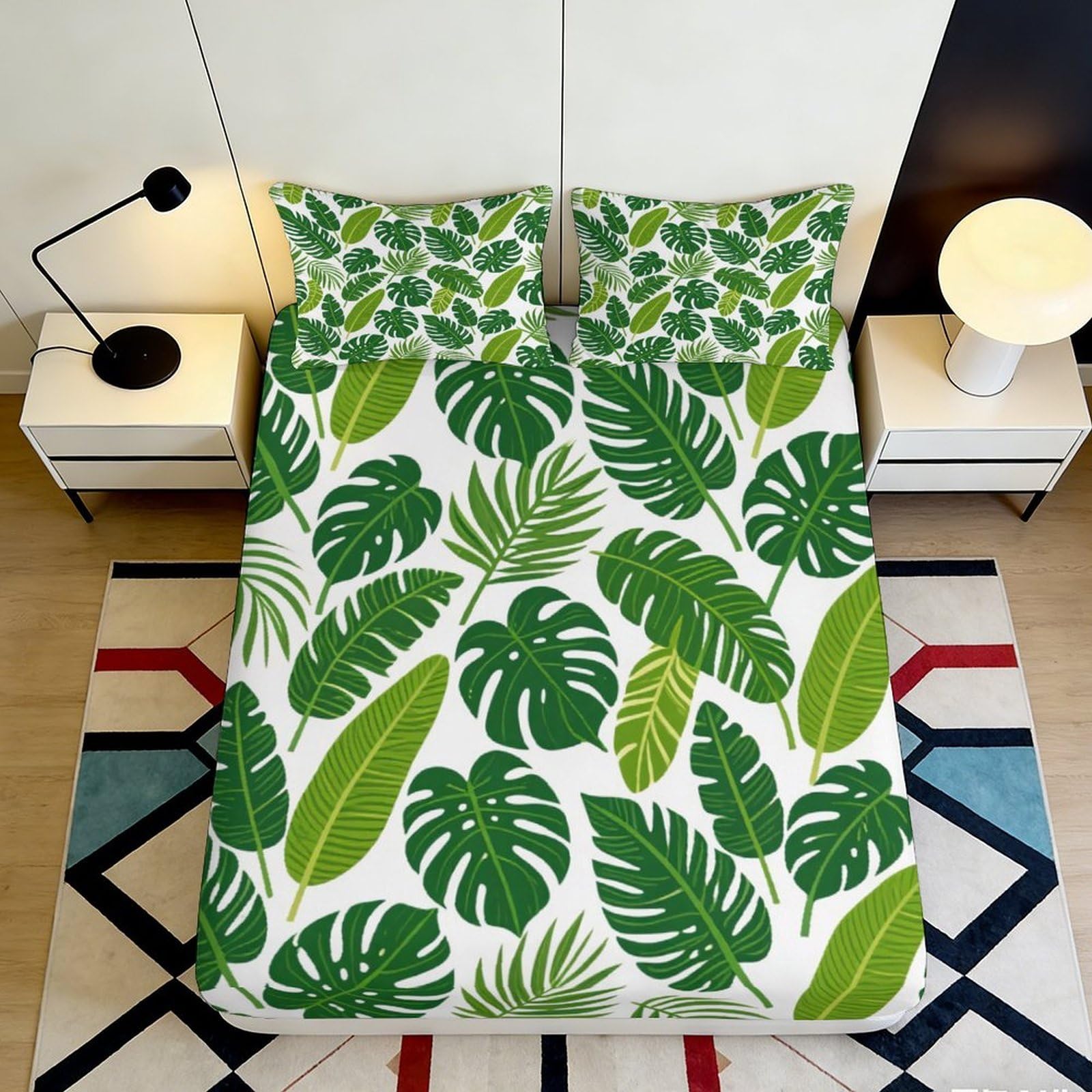 3D Printed Botanical Fitted Sheet Microfiber Deep Pocket Non-Slip Bedroom Green Leaves Mattress Fitted Cover Washable Bedding 200x200x25cm