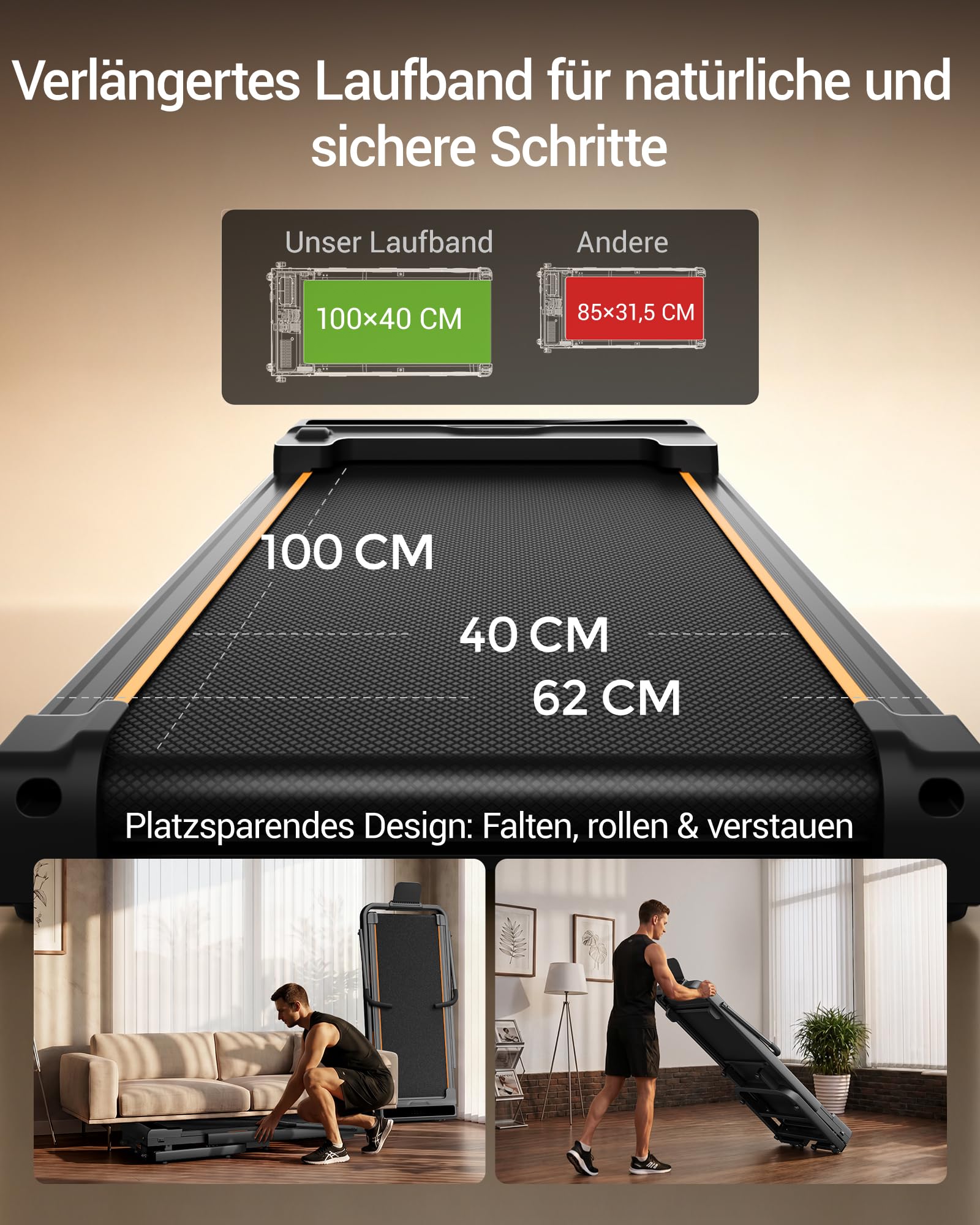 UMAY Walking Pad Laufband mit Steigung 40%, Laufband für Zuhause Klappbar | 130 cm Extra Lange Handläufe für Mehr Stabilität, Platzsparendes 15 cm Design, Leiser Betrieb, Ideal für Home Office