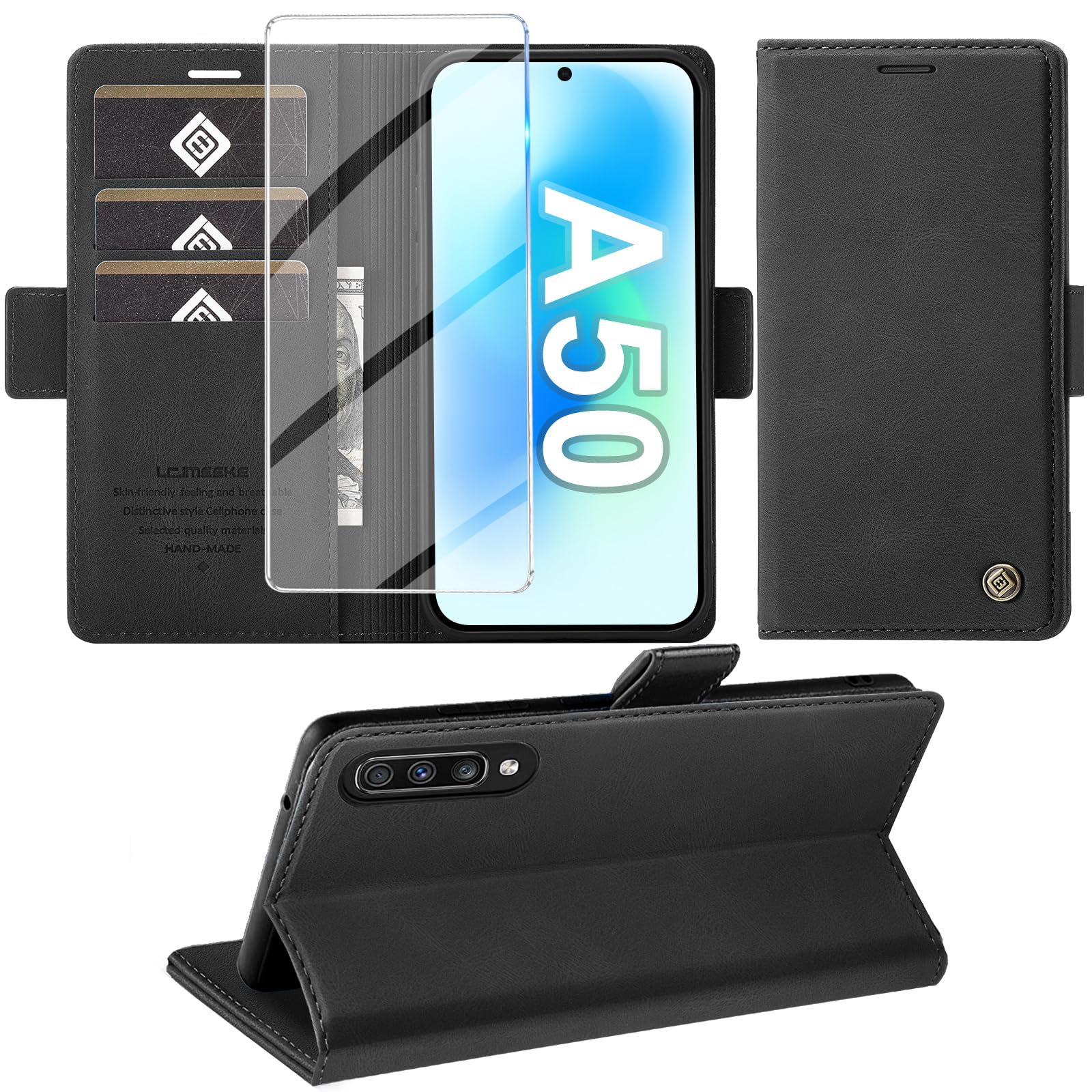 Giyer Handyhülle für Samsung Galaxy A50 Hülle mit Schutzfolie, Standfunktion Kartenfach Wallet Premium Leder Schutzhülle A50/A30S Flip Case Cover Stoßfeste Klapphülle A50/A30S 6,4 Zoll (Schwarz)