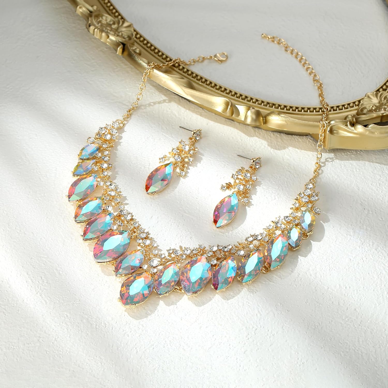 BriLove Statement Wedding Jewelery Set Shiny Gorgeous Crystal Marquise Cluster Necklace Earrings for Women's Bridal Party Prom Accessories