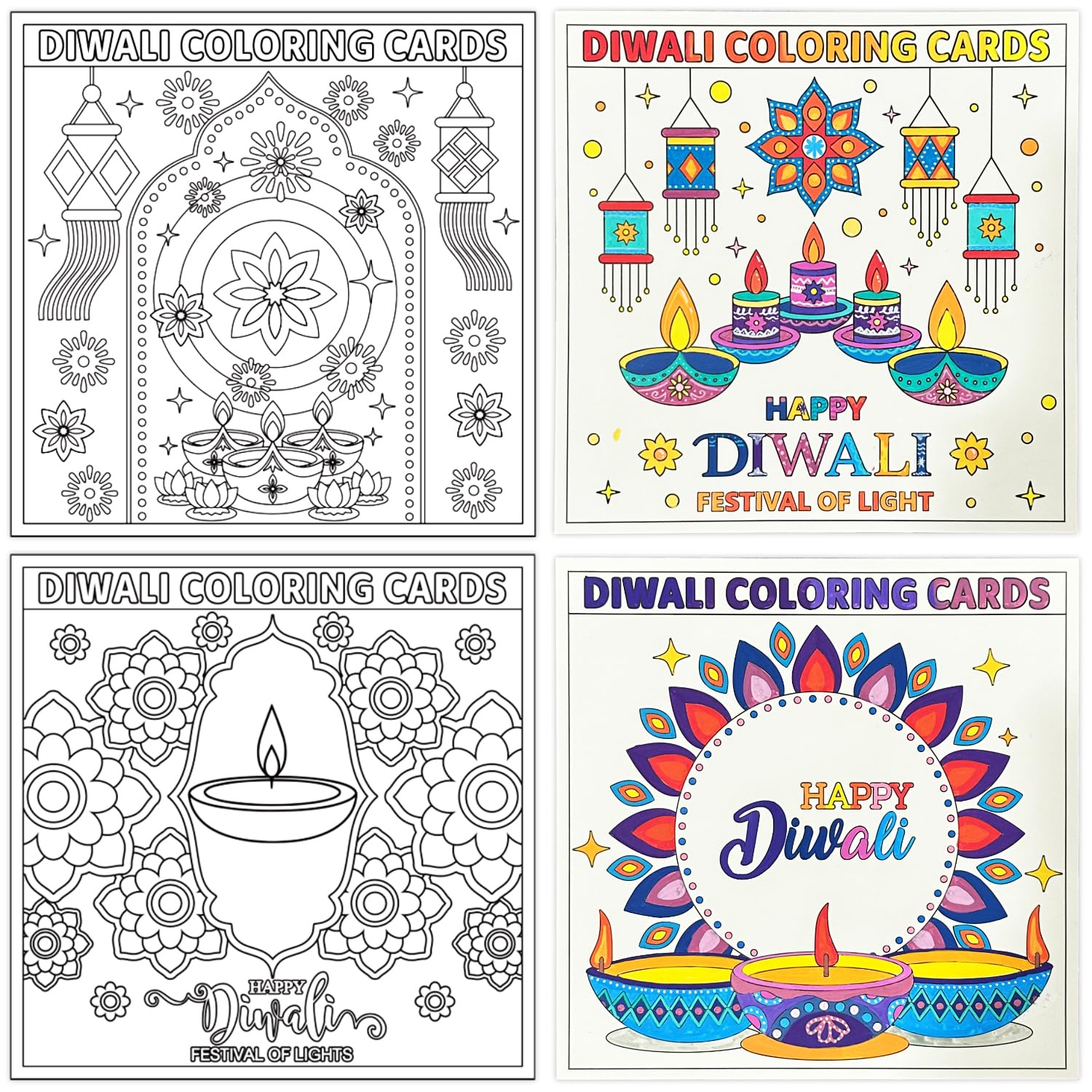 Diwali Deepavali Blank Paper Art Craft Coloring Cards, Set of 24 Sheets