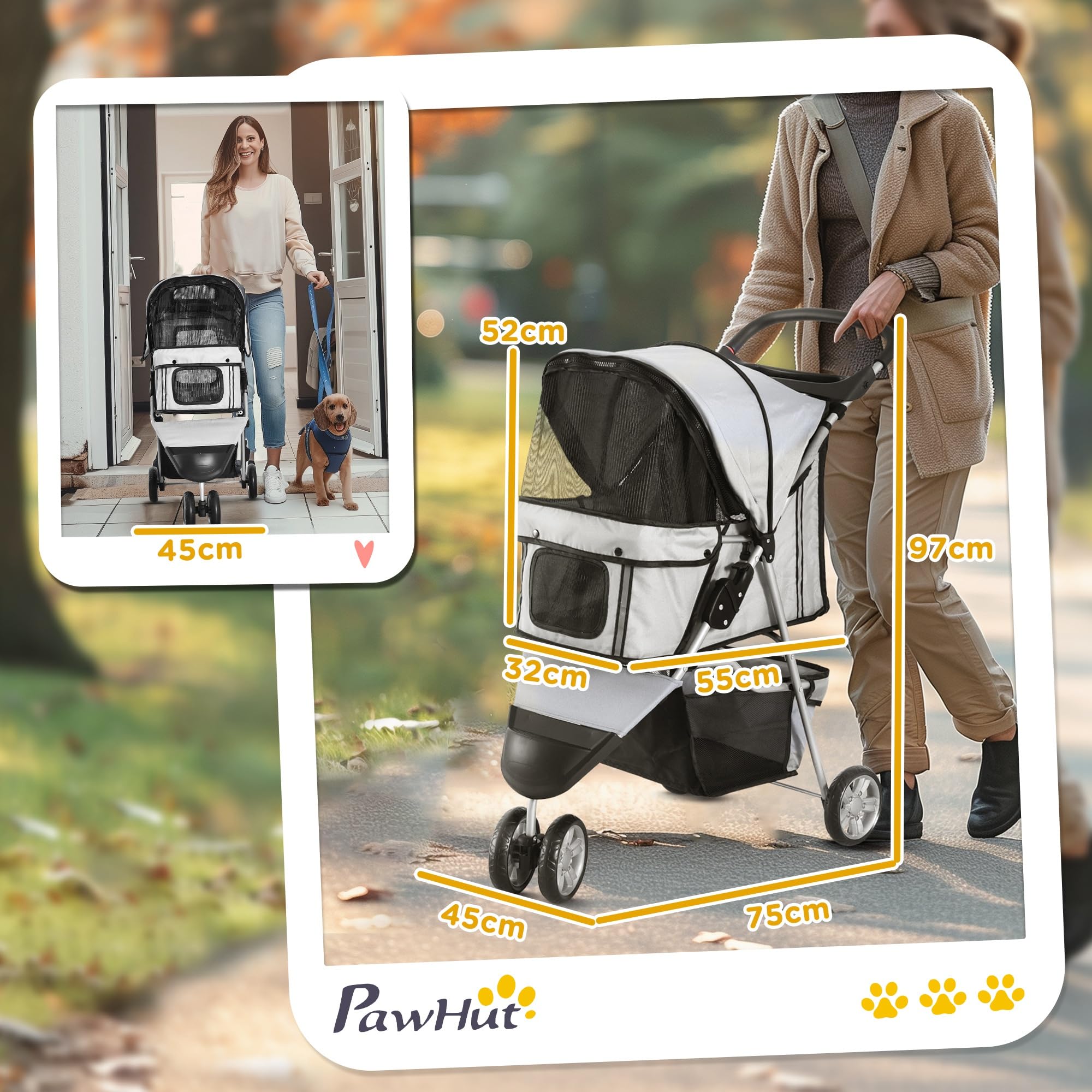 PawHut Cochecito Plegable Mascotas 75x45x97cm Perros Gatos Carrito Ruedas giran 360º Gris