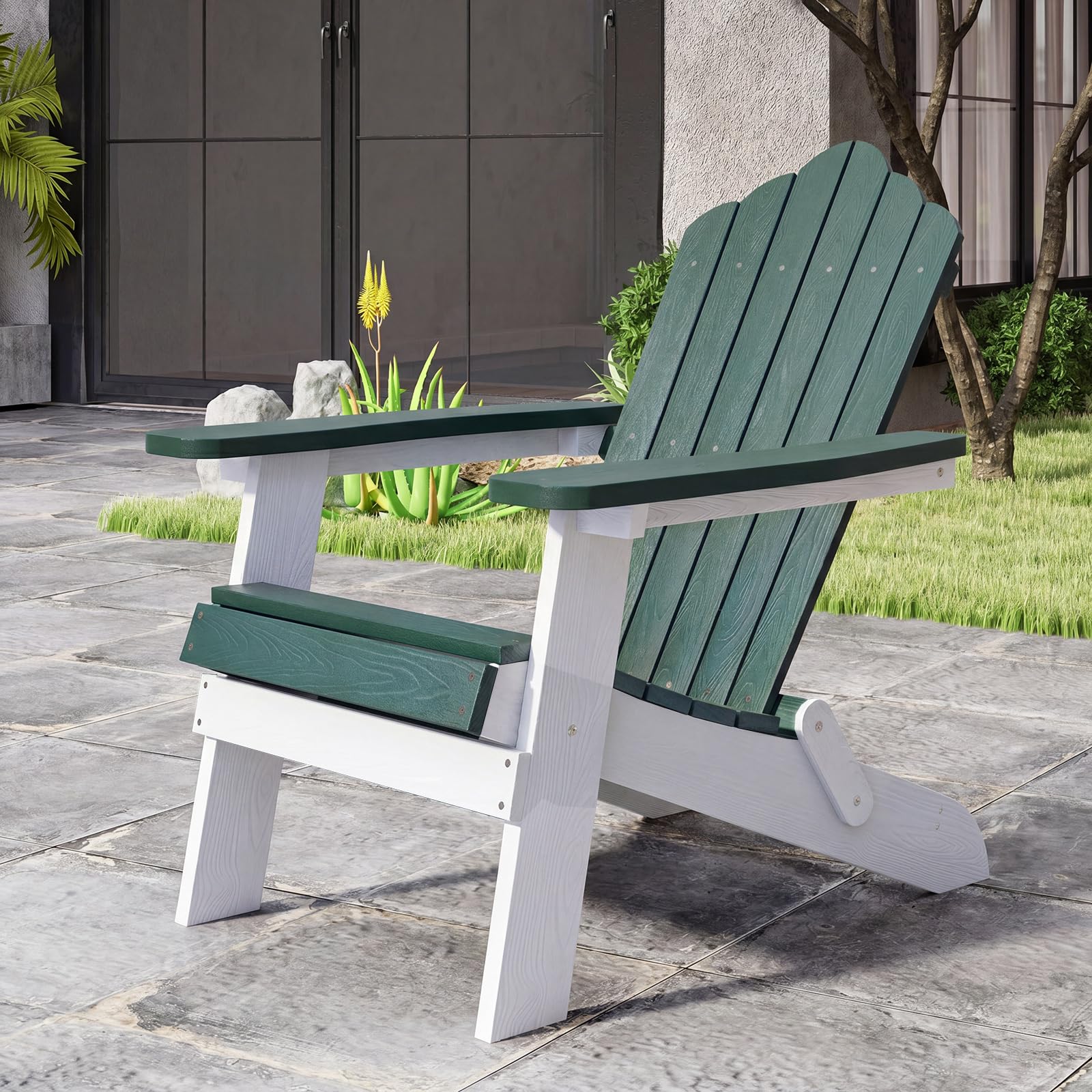 COSTWAY Sedia Adirondack Pieghevole da Giardino, Sedia da Patio in HIPS con Braccioli Larghi e Schienale Inclinato, Poltrona in Legno, per Giardino Cortile, Portata 180 kg (1, Verde+Bianco)