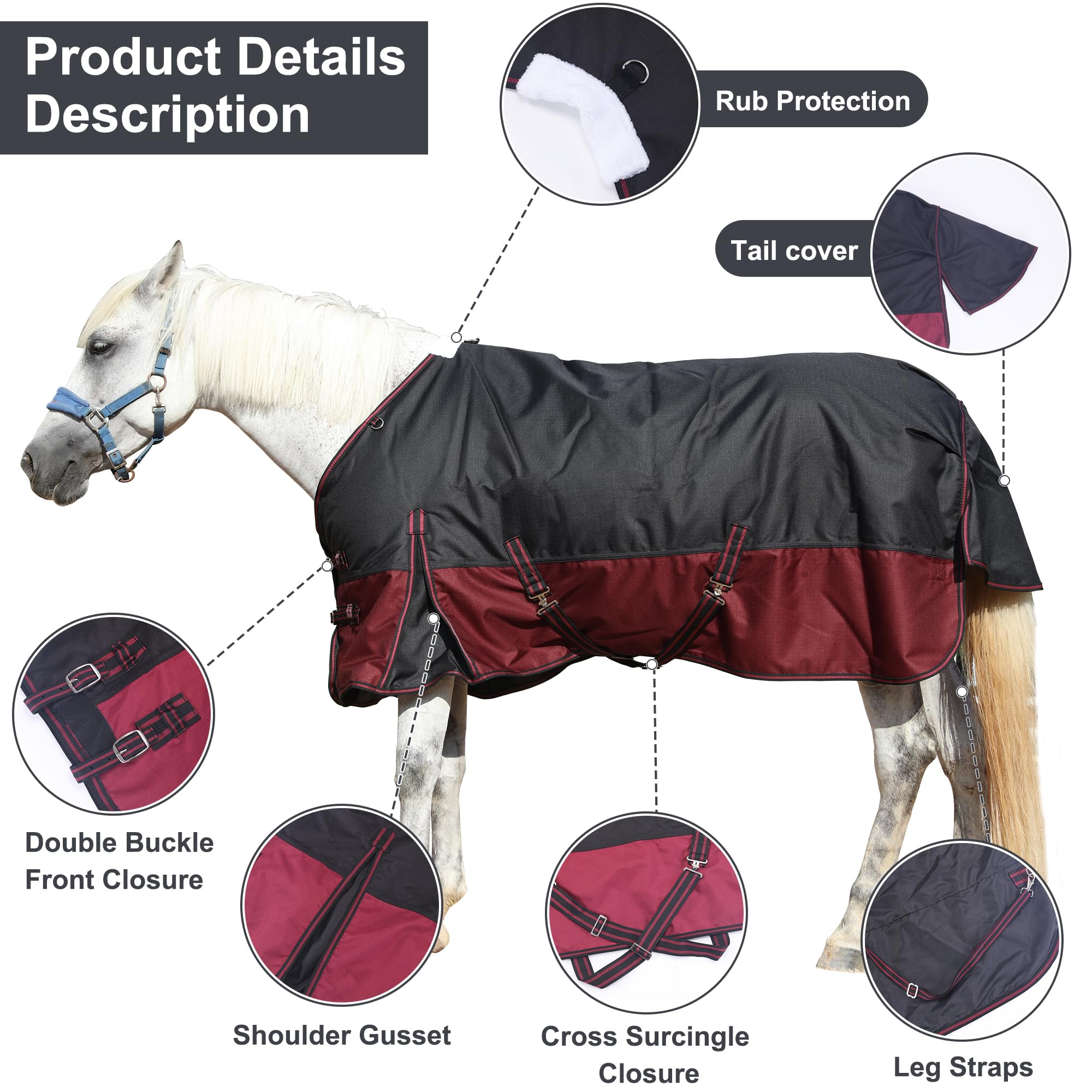Leberna Alfombra impermeable 1200D para caballos, ligera, antidesgarros, transpirable, con cuello estándar, sin relleno (negro y rojo, 6 pies 6 pulgadas)